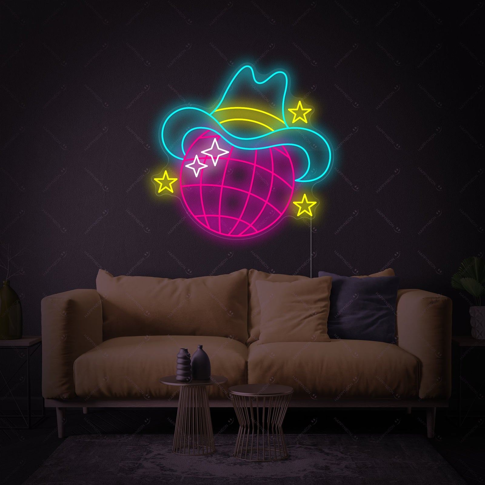An illuminated Disco Ball neon sign providing ambient light in a chic, plant-filled living space.