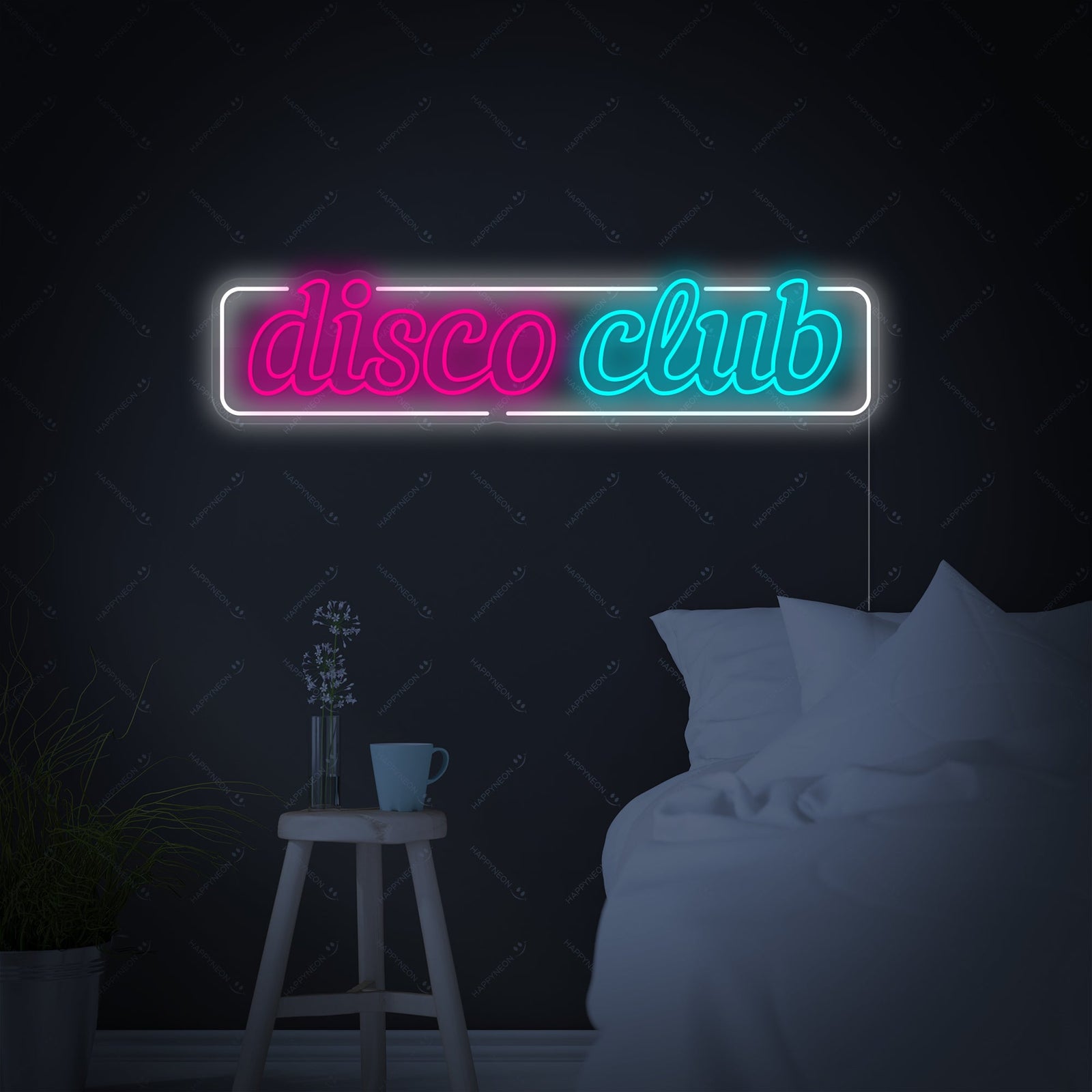 A glowing 'Disco Club' neon sign with pink, blue, and purple script, hanging on a wall with clear mounting hardware visible, illuminated within a room.