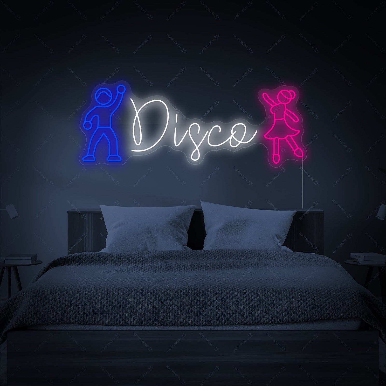A close-up view of the 'Disco' neon sign, showing the clear acrylic backing and the light tubes spelling out the retro-style text.