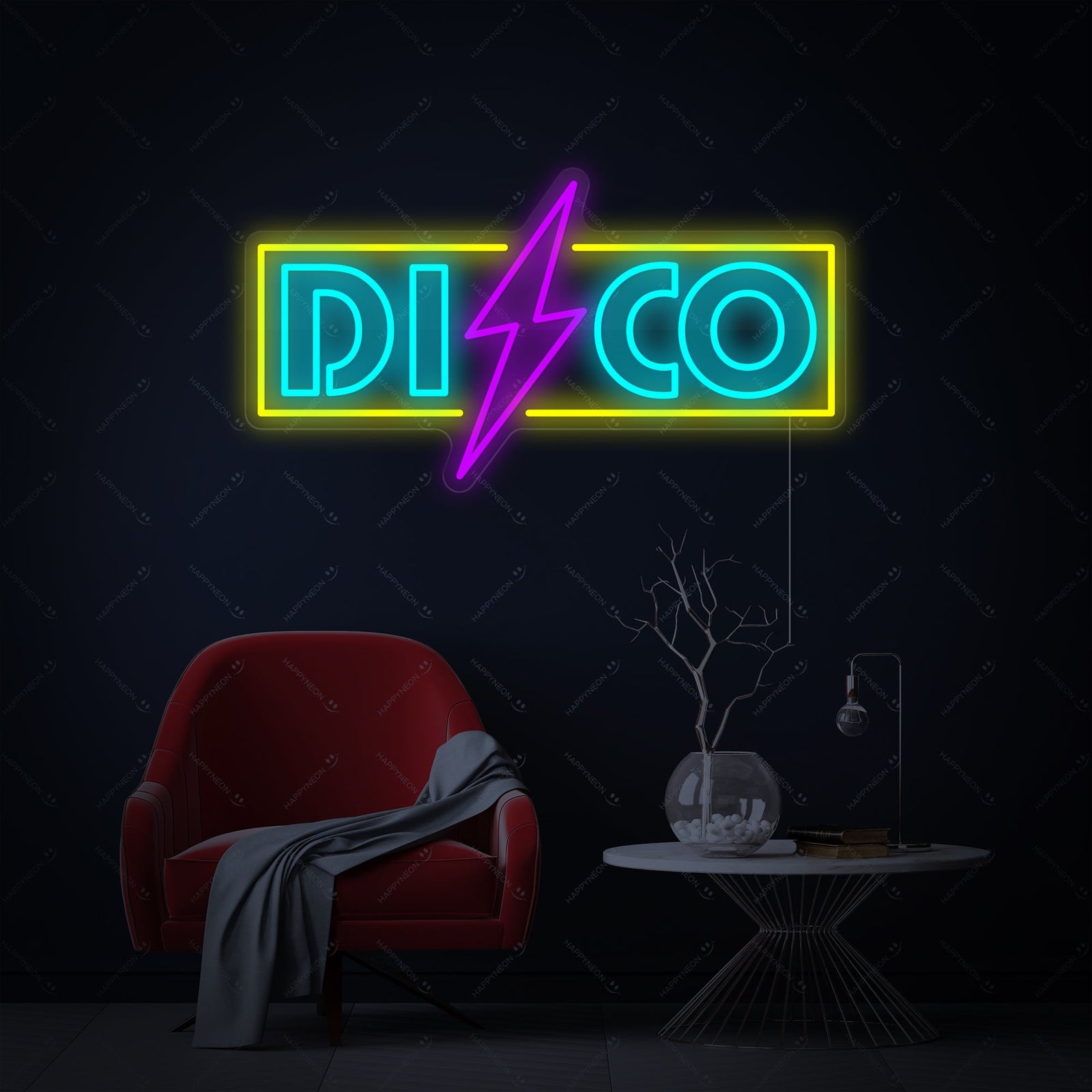 A bright, illuminated 'Disco' word neon sign, casting a warm glow on a surface, highlighting its vibrant color.