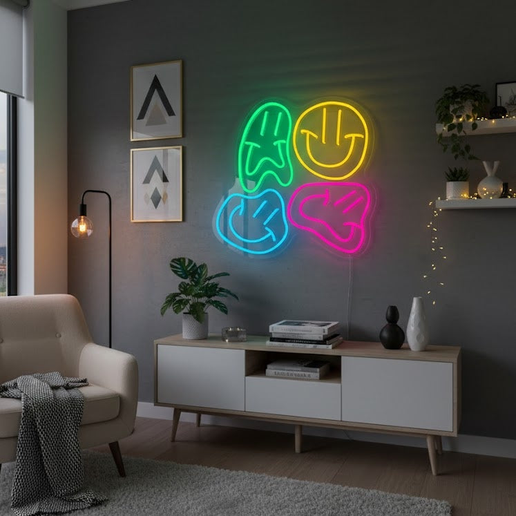 Vibrant Distorted Smile Faces neon sign glowing orange, mounted on a wall above a couch in a living room, casting a warm light.