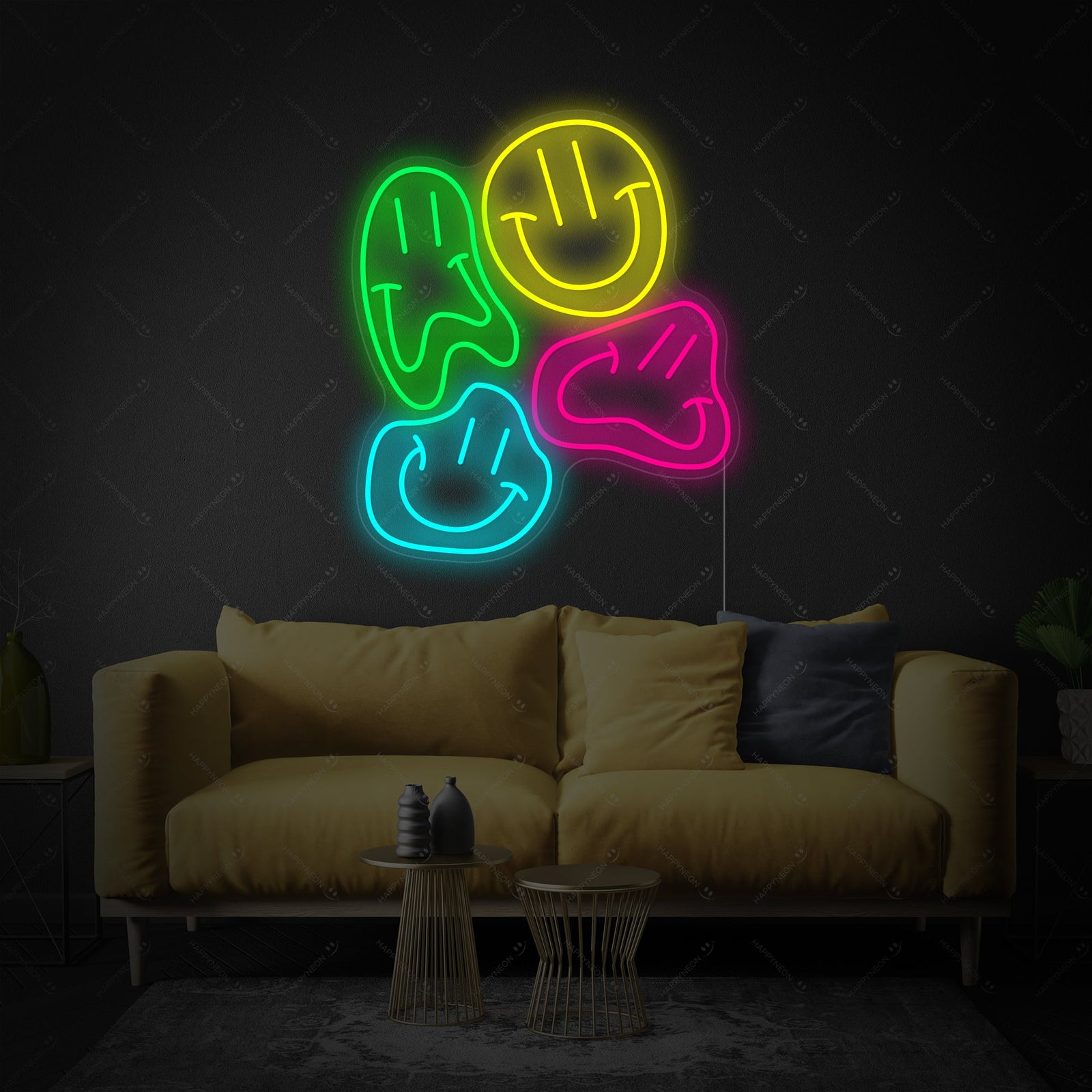 Detail view of the Distorted Smile Faces neon sign with warped smiley face designs glowing brightly, showcasing its unique shape.