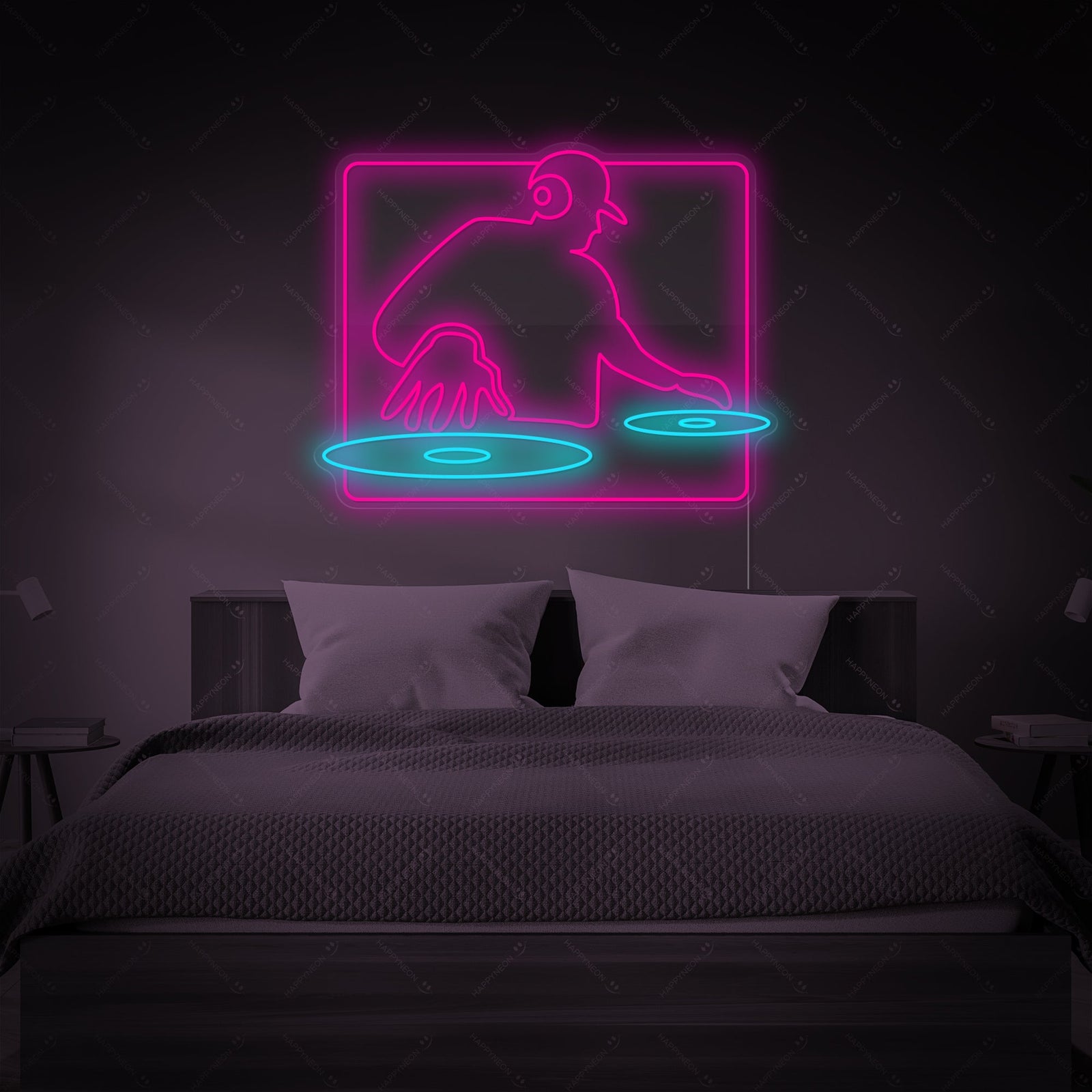 A detailed depiction of the 'DJ Playing' neon sign featuring a silhouette of a DJ at turntables and headphones, mounted on a dark surface and emitting a strong glow.
