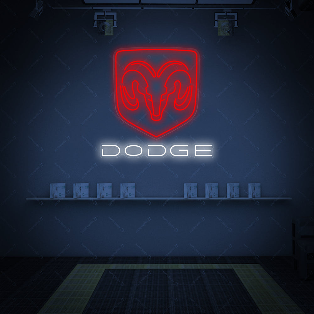 A glowing red and white neon sign displaying the text "DODG-CAR" with an athletic-style font and lightning bolt accents, mounted on a clear backboard.