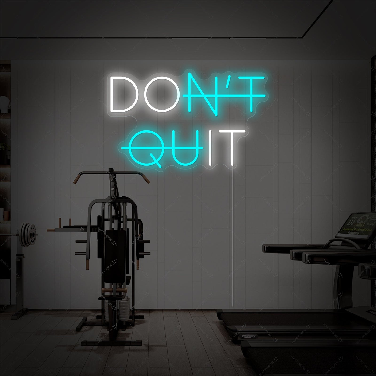 A high-quality rendering of a glowing 'Don't Quit Do It' neon sign where 'Don't' is subtly crossed out, positioned against a clean, modern gym background.