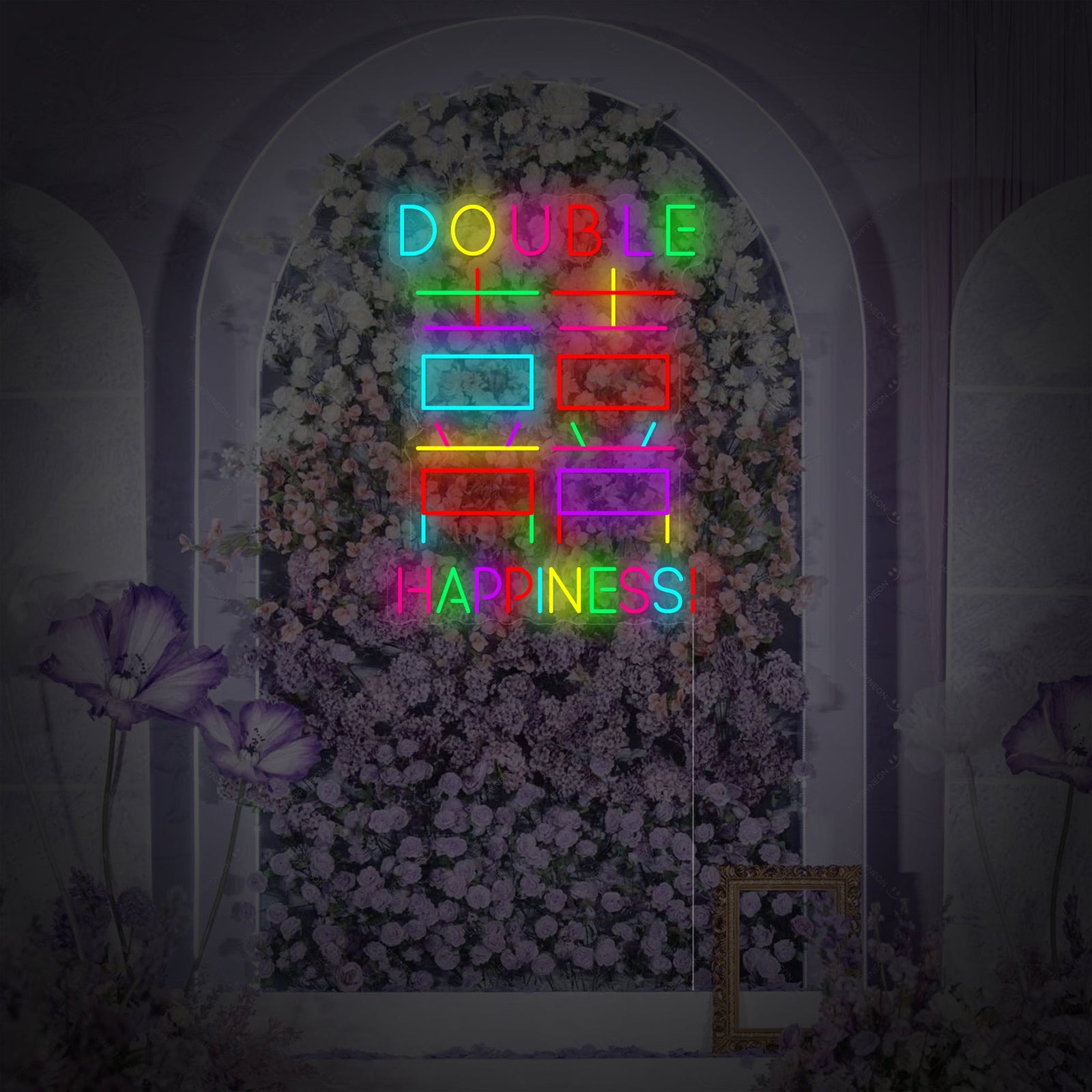 A graphic representation of the red Double Happiness Chinese character neon sign on a digital background with pink and peach floral elements.