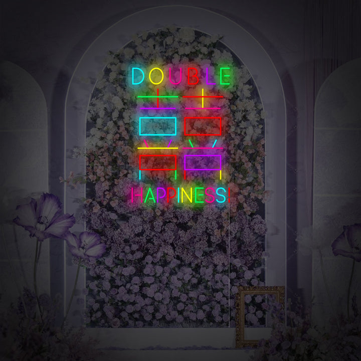 A graphic representation of the red Double Happiness Chinese character neon sign on a digital background with pink and peach floral elements.