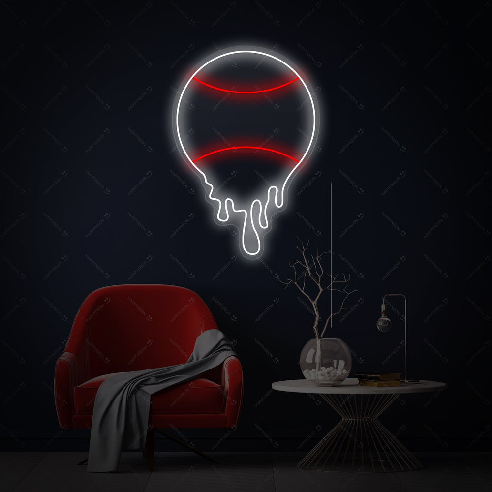 A clean, full view of the dripping tennis ball neon sign mounted on a textured grey wall.