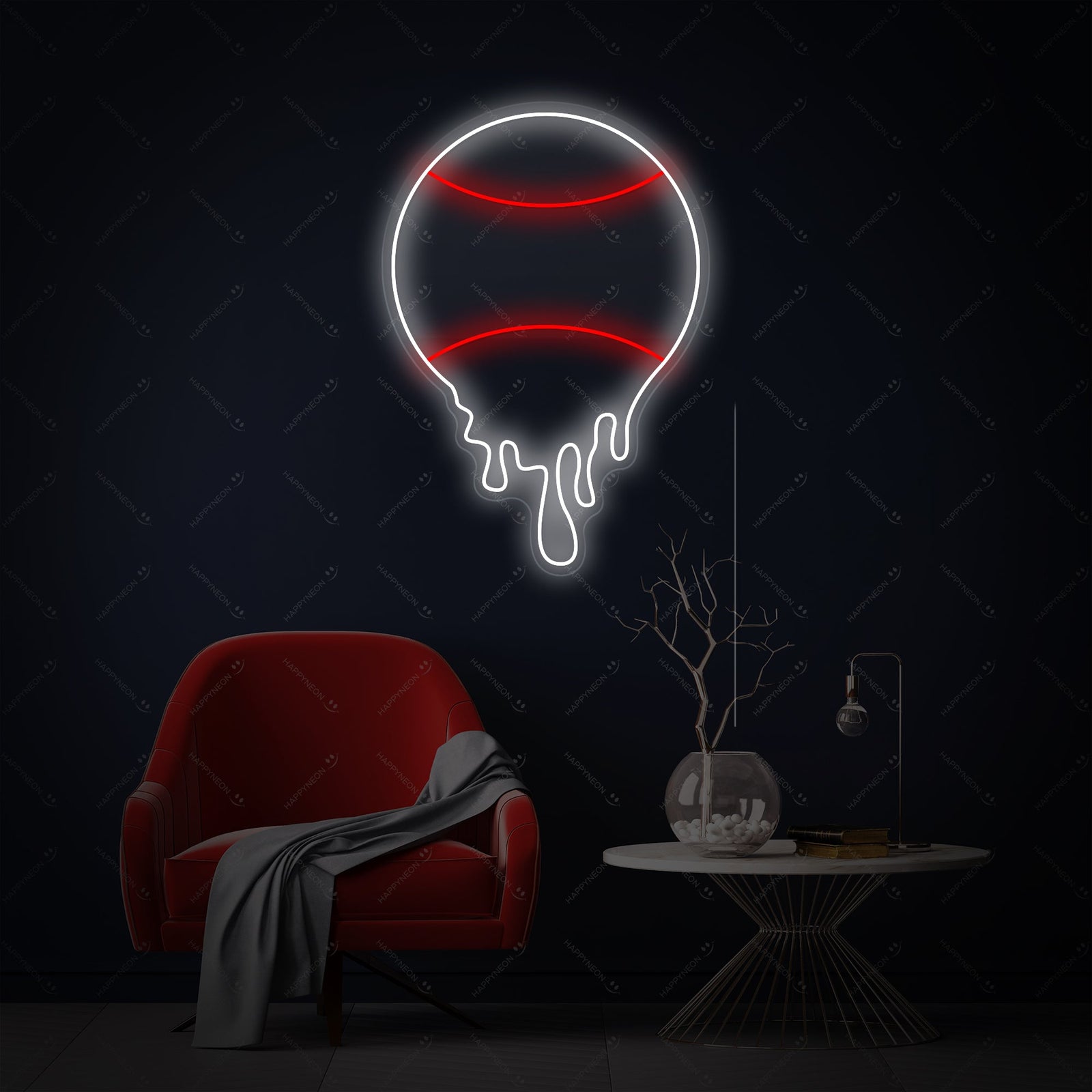 A clean, full view of the dripping tennis ball neon sign mounted on a textured grey wall.