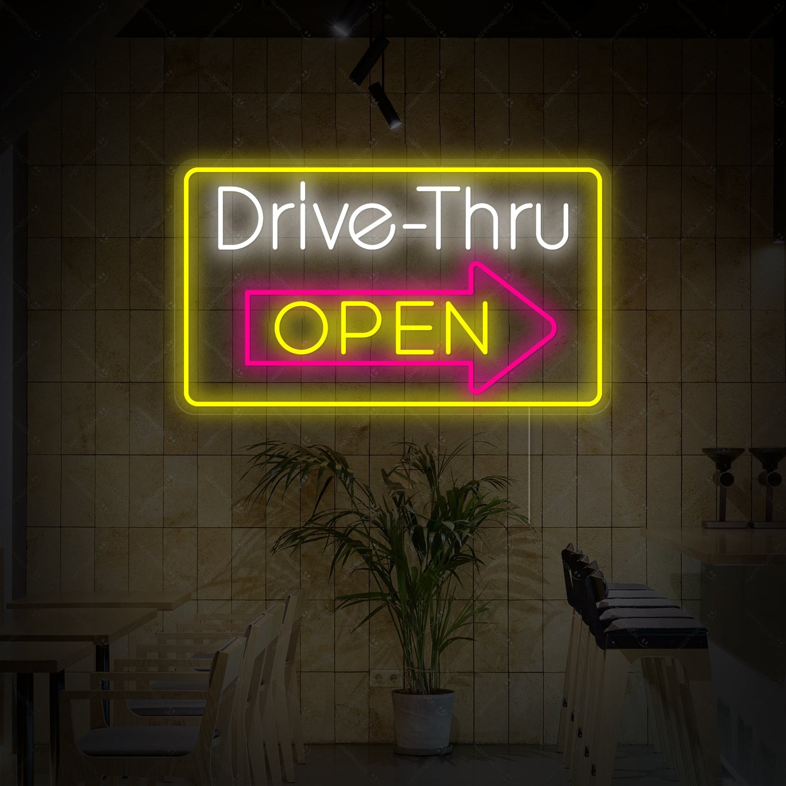 The graphic design for the 'Drive Thru Open' neon sign, showing the red illuminated lettering on a dark, out-of-focus background.