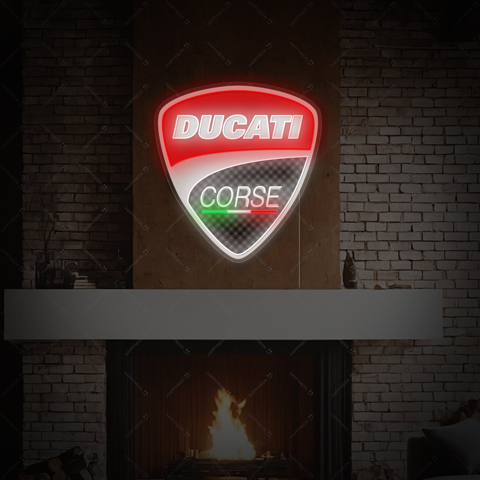 A graphic design mockup of a glowing red Ducati logo sign displayed above a modern fireplace.