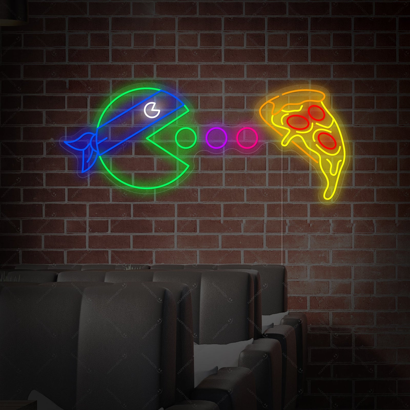 A close-up photograph of the 'Eat Pizza' neon sign mounted on a textured brick wall, clearly showing the clean tube work and clear acrylic backing.