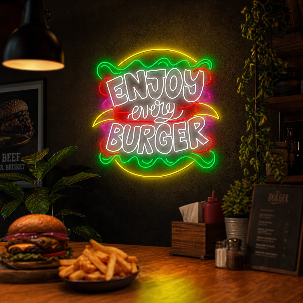 "Enjoy Every Burger" Neon Sign, Burger Neon Sign, Hamburger Neon Light
