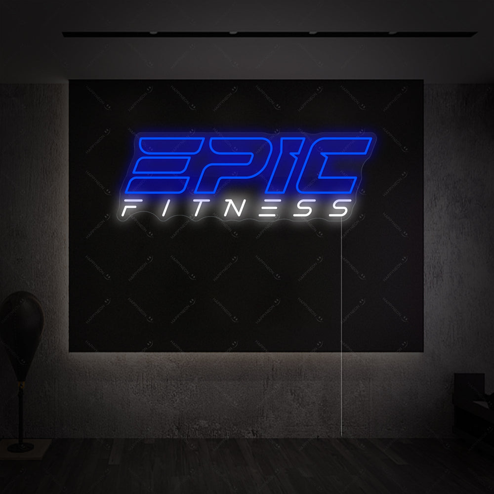 A close-up photograph displays the intricate details of the 'Epic Fitness' neon sign, showing the clear acrylic backing and glowing tubing mounted in a studio setting.