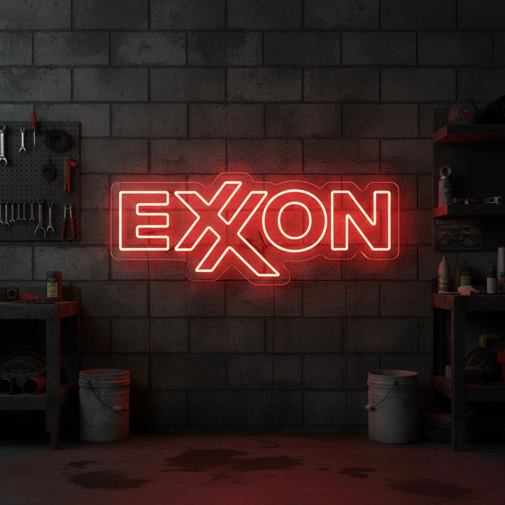 Red Exxon wordmark neon sign, glowing brightly in an industrial-style garage or auto workshop setting.