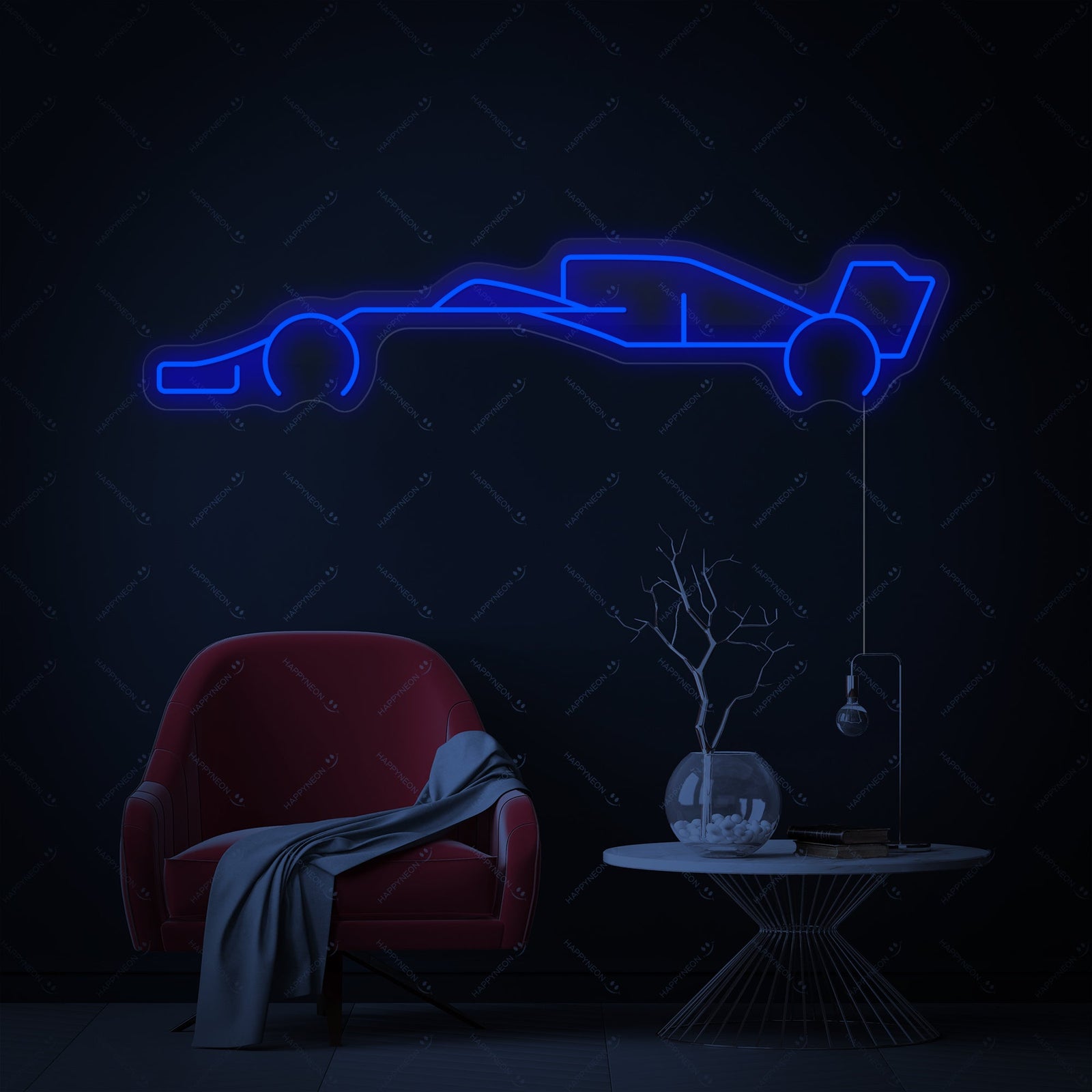 A glowing neon sign of a formula 1 racing car on a clear acrylic backing.