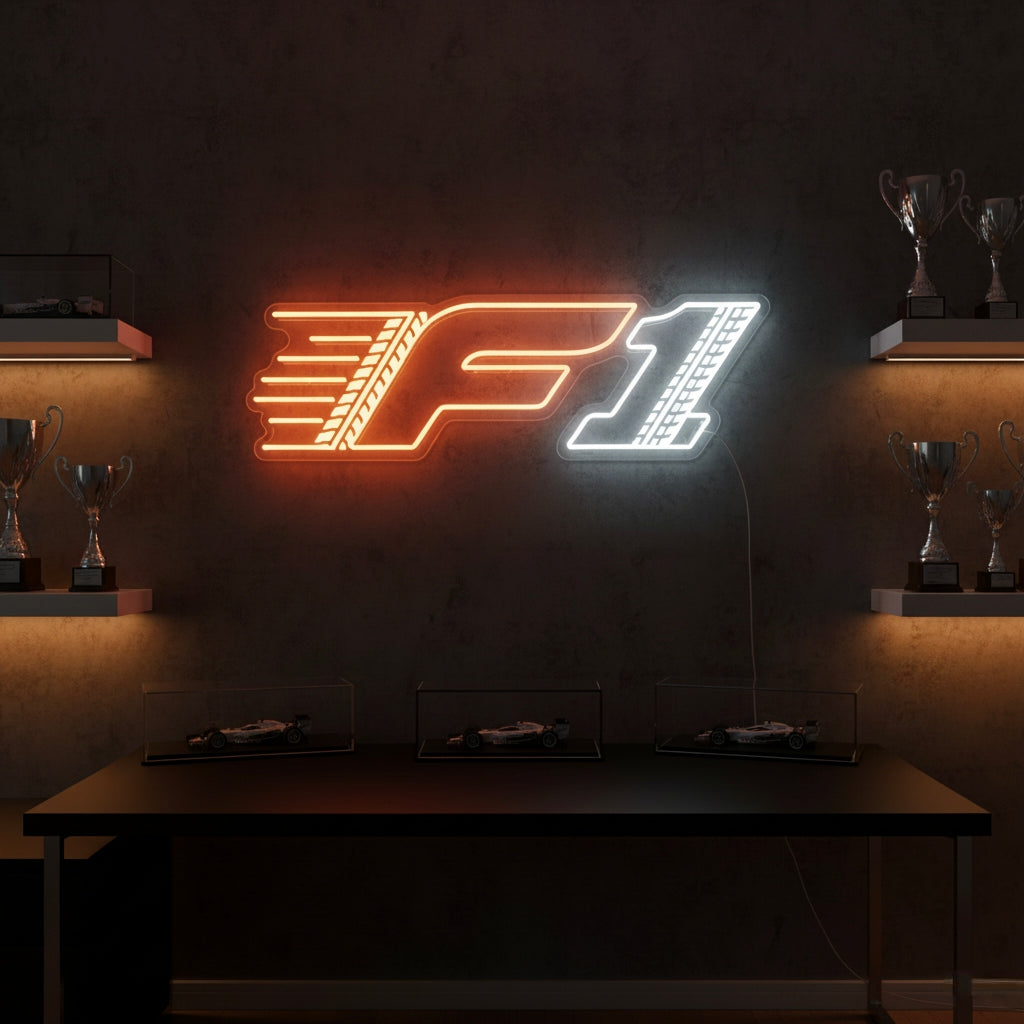 A lifestyle mockup of the F1 Logo neon sign glowing brightly on a wall in a contemporary setting.