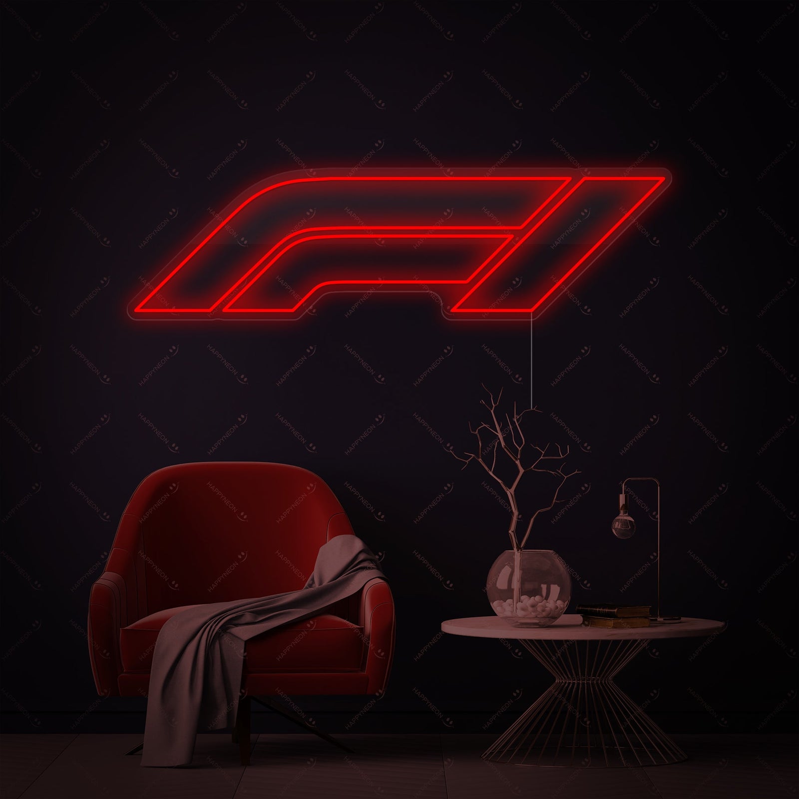 An F1 Logo neon sign glowing brightly in red, mounted on a dark textured wall in a modern, curated room mockup, with multiple 'Happyneon' watermarks visible.