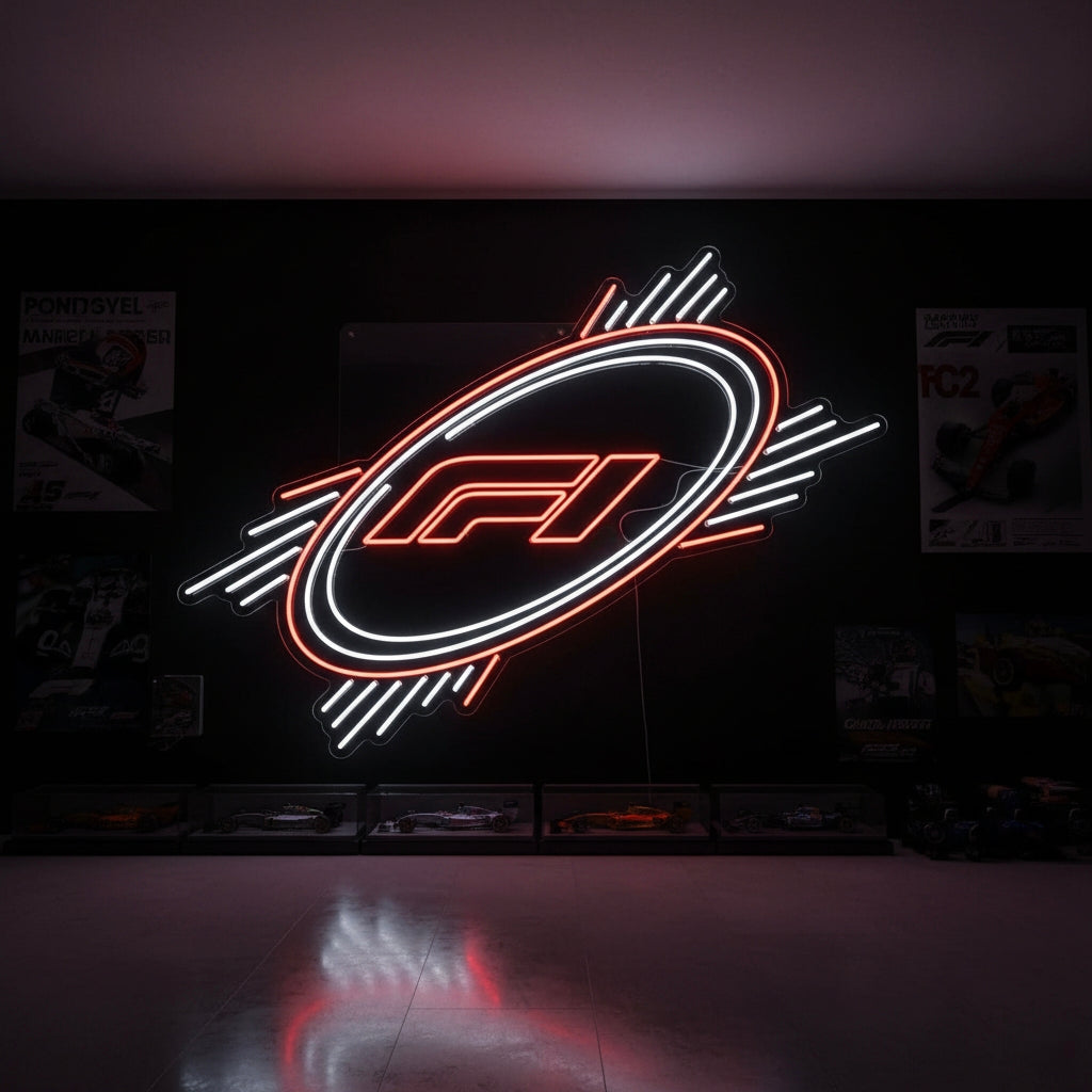 A stylish 'F1 Logo With Oval' neon sign glowing red and white on a dark wall, creating a vibrant racing-themed atmosphere in a home garage setting.