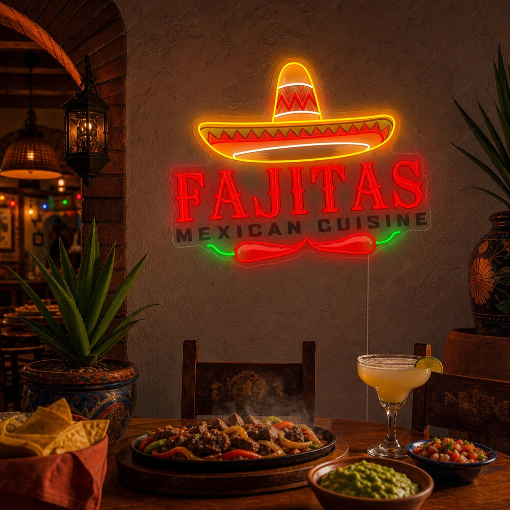 A vibrant 'Fajitas Mexican Cuisine' glowing neon sign mounted on a brick wall inside a dimly lit restaurant, illuminating a table with food.