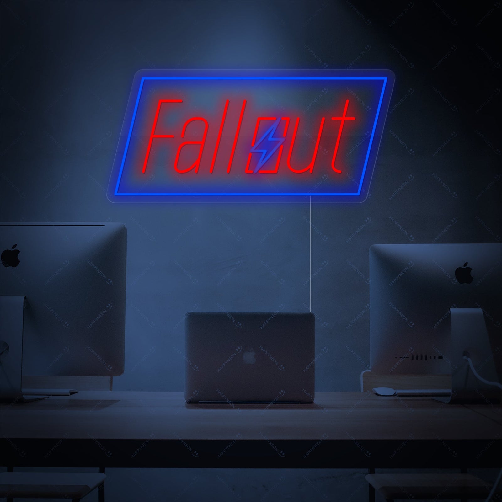 Close-up of the illuminated Fallout neon sign on a desk among other gaming memorabilia.