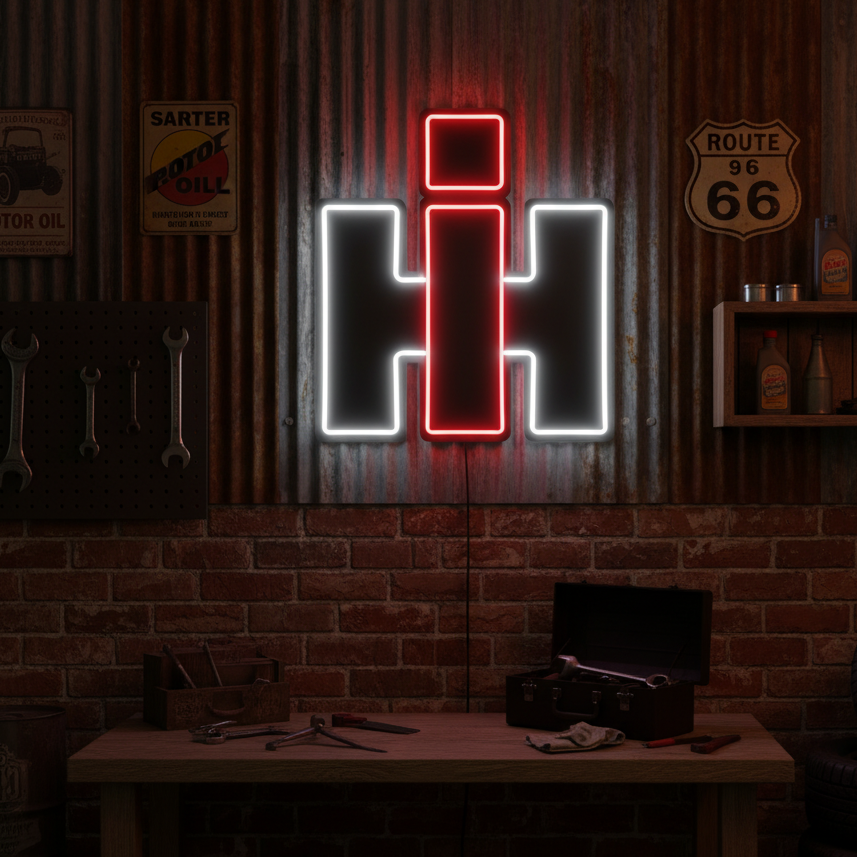 A wall-mounted red and white IH farm equipment logo neon sign illuminating a rustic workshop setting
