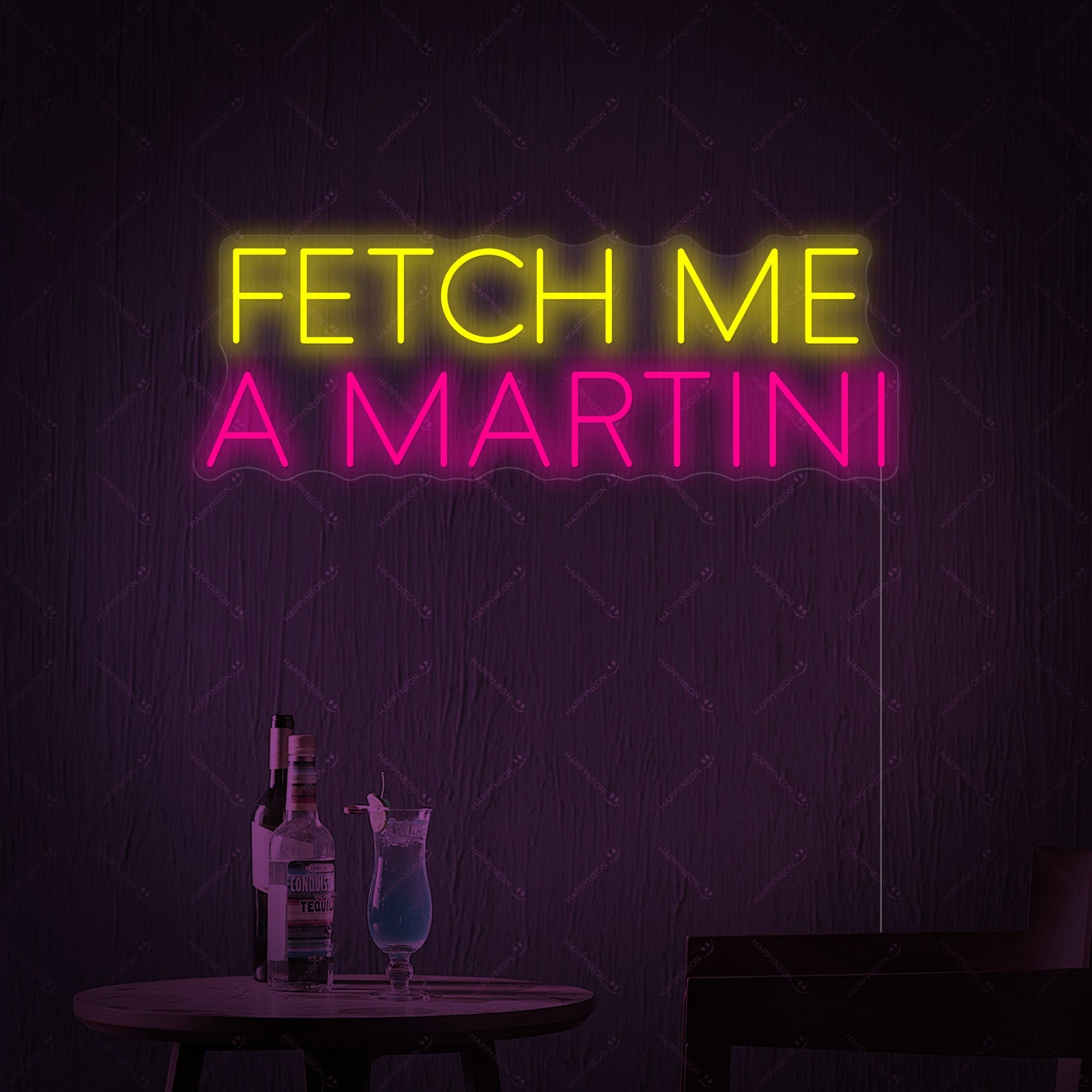 A high-quality rendering of the "Fetch Me A Martini" neon sign design showing the tube construction and acrylic backing.