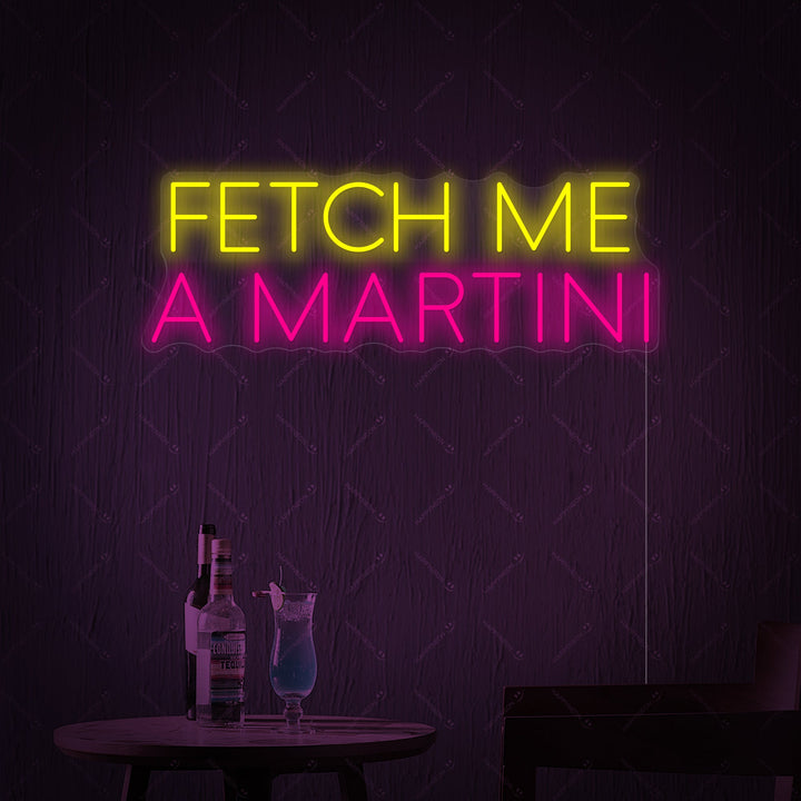 A high-quality rendering of the "Fetch Me A Martini" neon sign design showing the tube construction and acrylic backing.