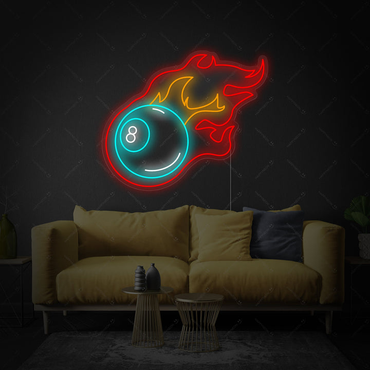 Close-up of the lit "Fire Billiards" neon sign design against a dark background, showing the flaming 8-ball and cues mounted on clear acrylic.