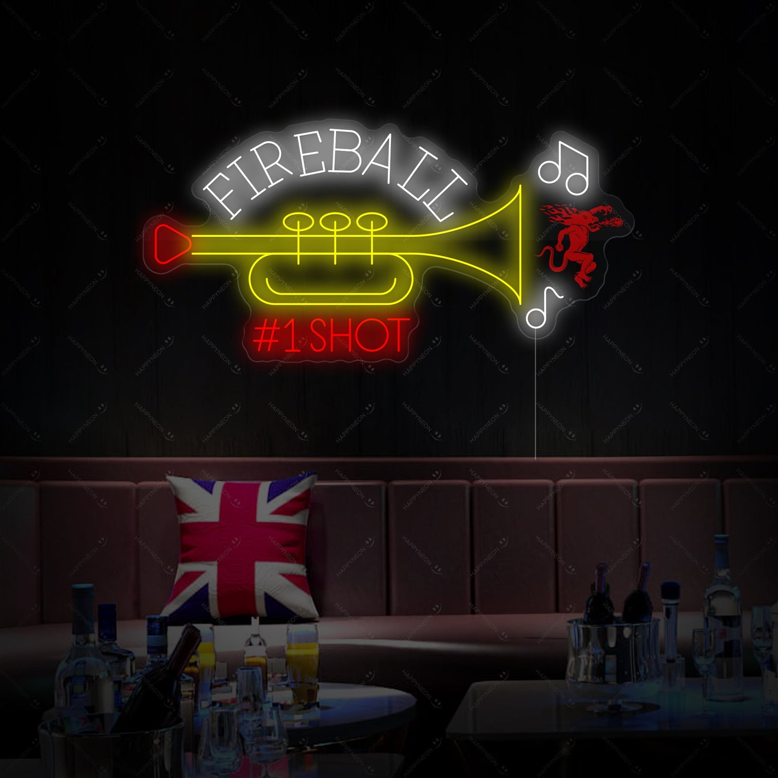 Fireball #1 Shot Trumpet Neon Sign mockup, glowing above a shelf with neatly arranged liquor bottles and a Union Jack pillow.