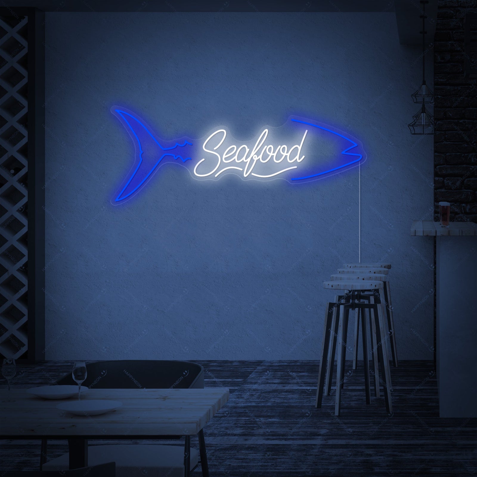 A close-up view of the illuminated red and yellow Fish And Seafood neon sign with a fish illustration, showing the dimensional tubes and clear acrylic backing.