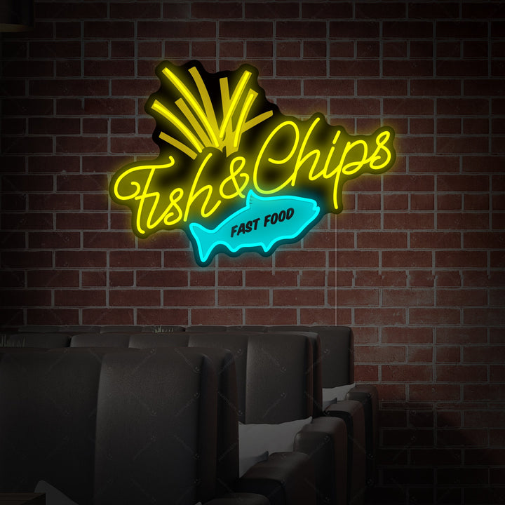 A graphic representation of the 'Fish & Chips' neon sign, featuring clear blue text and yellow illustrations of a fish and a chip basket against a dark background.