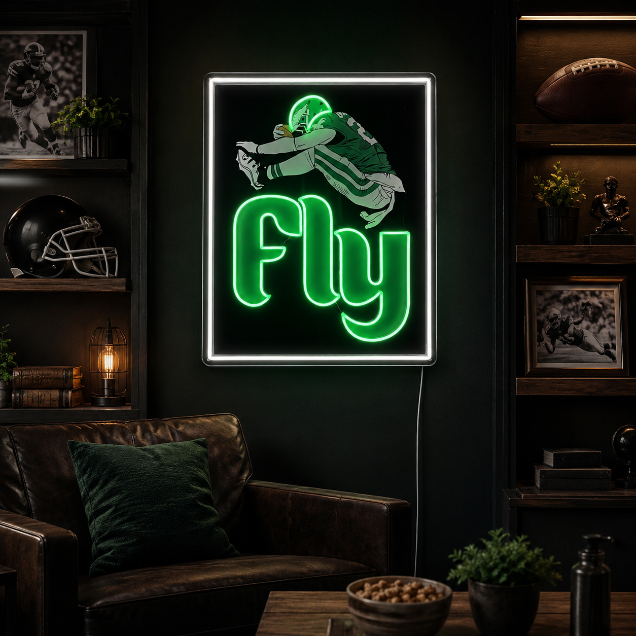 Fly High football player neon sign in Philadelphia green