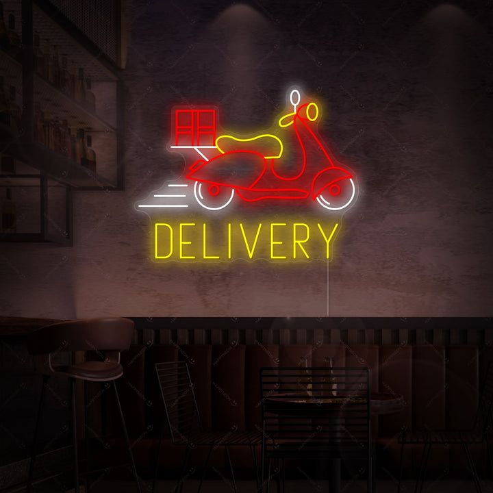 A clean, detailed illustration of the 'Food Delivery Logo' neon sign design against a neutral background.
