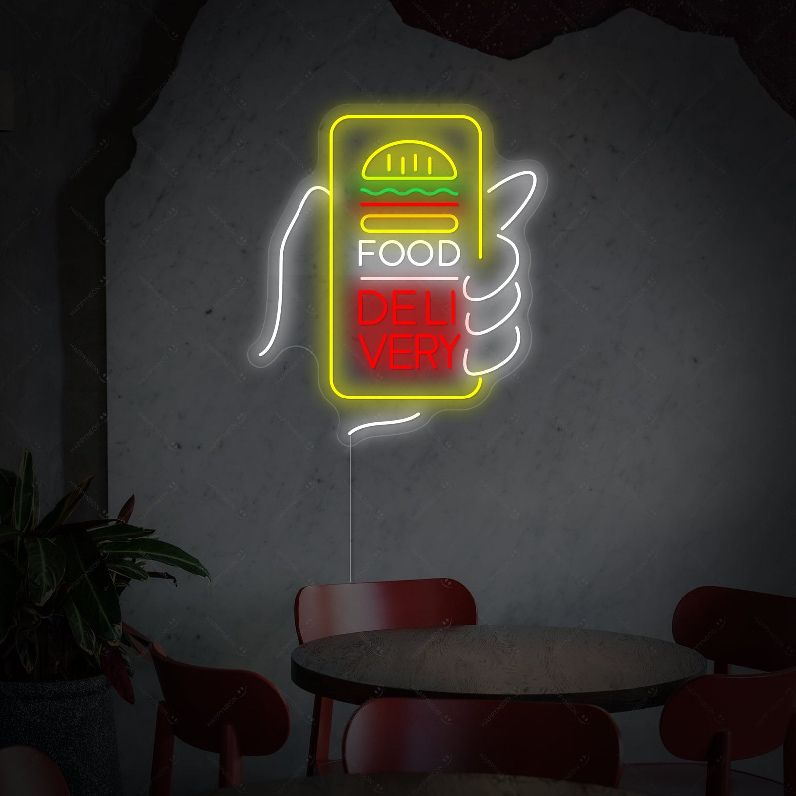 A glowing blue 'Food Delivery' neon sign featuring a scooter icon, mounted on a wall with a power cord visible.