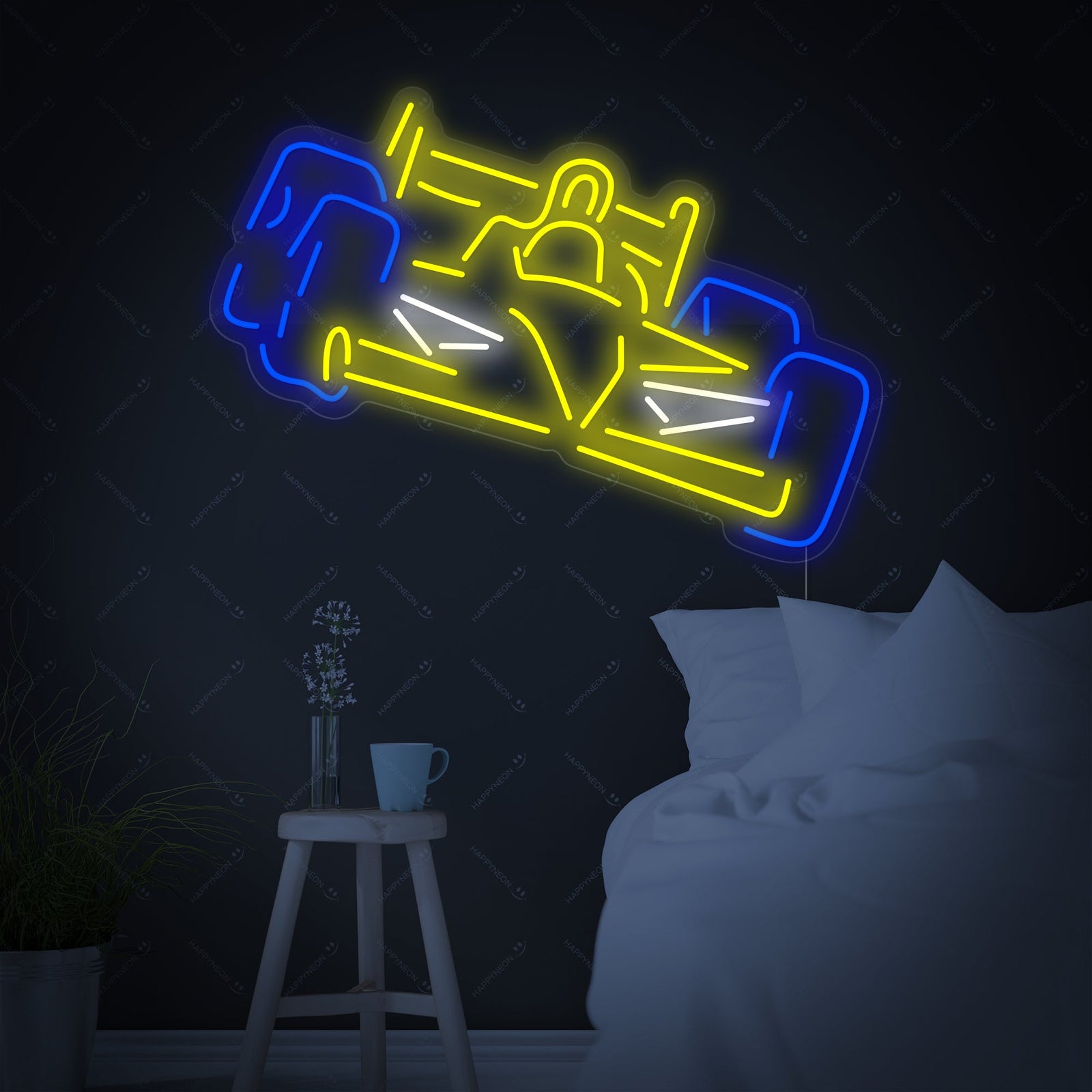 A graphic representation of an F1 race car rendered in bright neon light tubing.