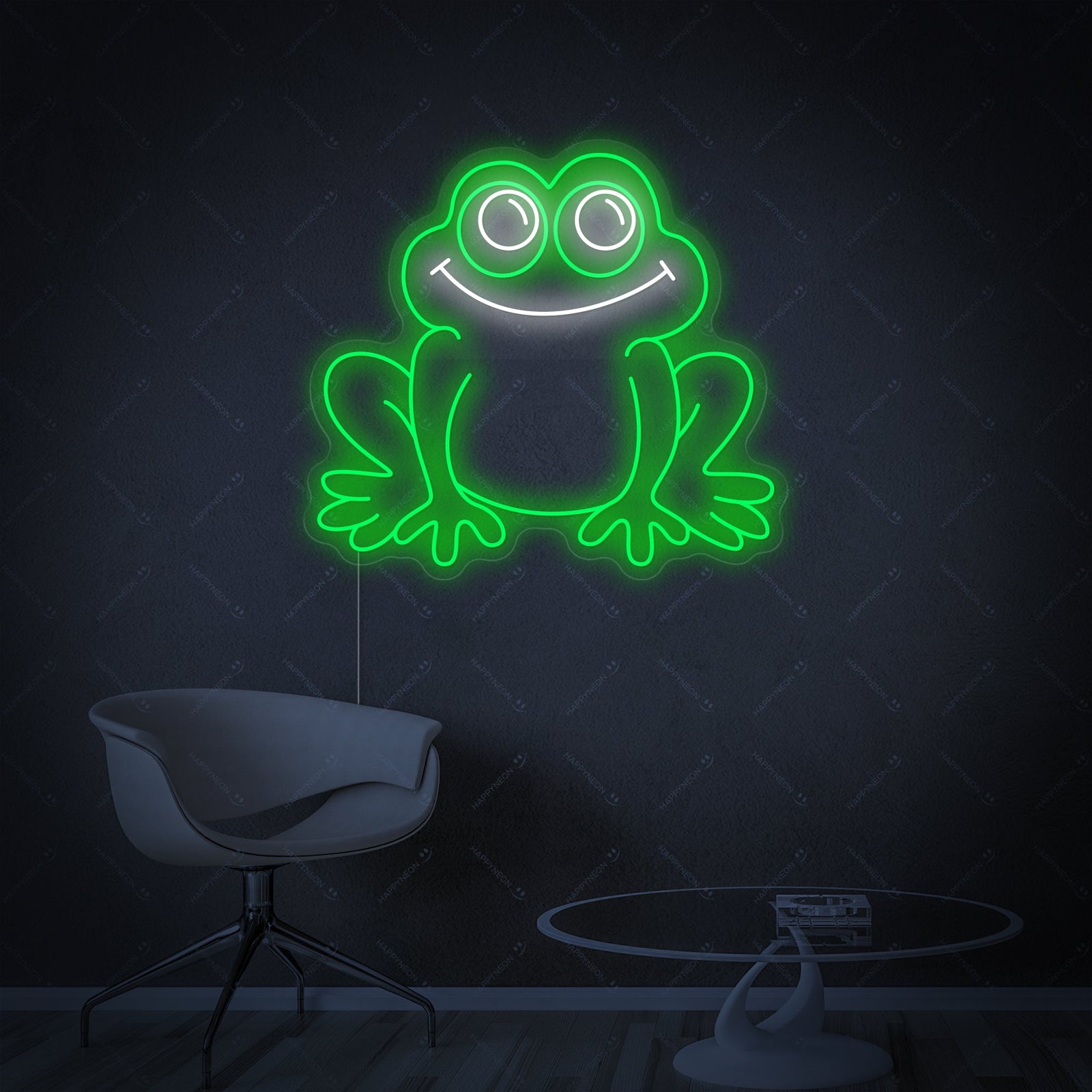 A friendly looking, stylized green frog outline neon sign glowing brightly on a textured grey background.