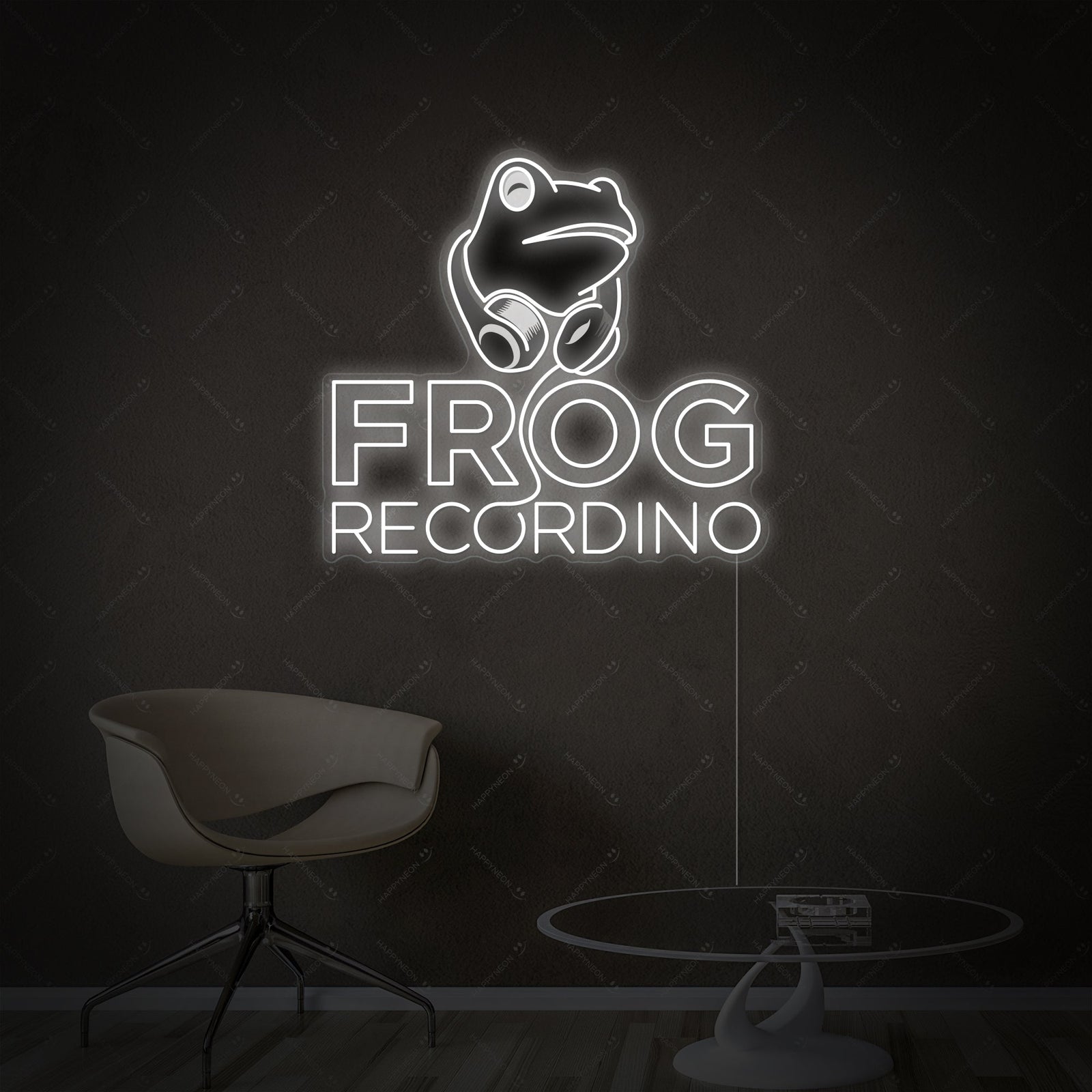 Graphic illustration of a neon sign design featuring a frog with headphones at a recording console, with the text 'FROG RECORDING' in glowing letters.