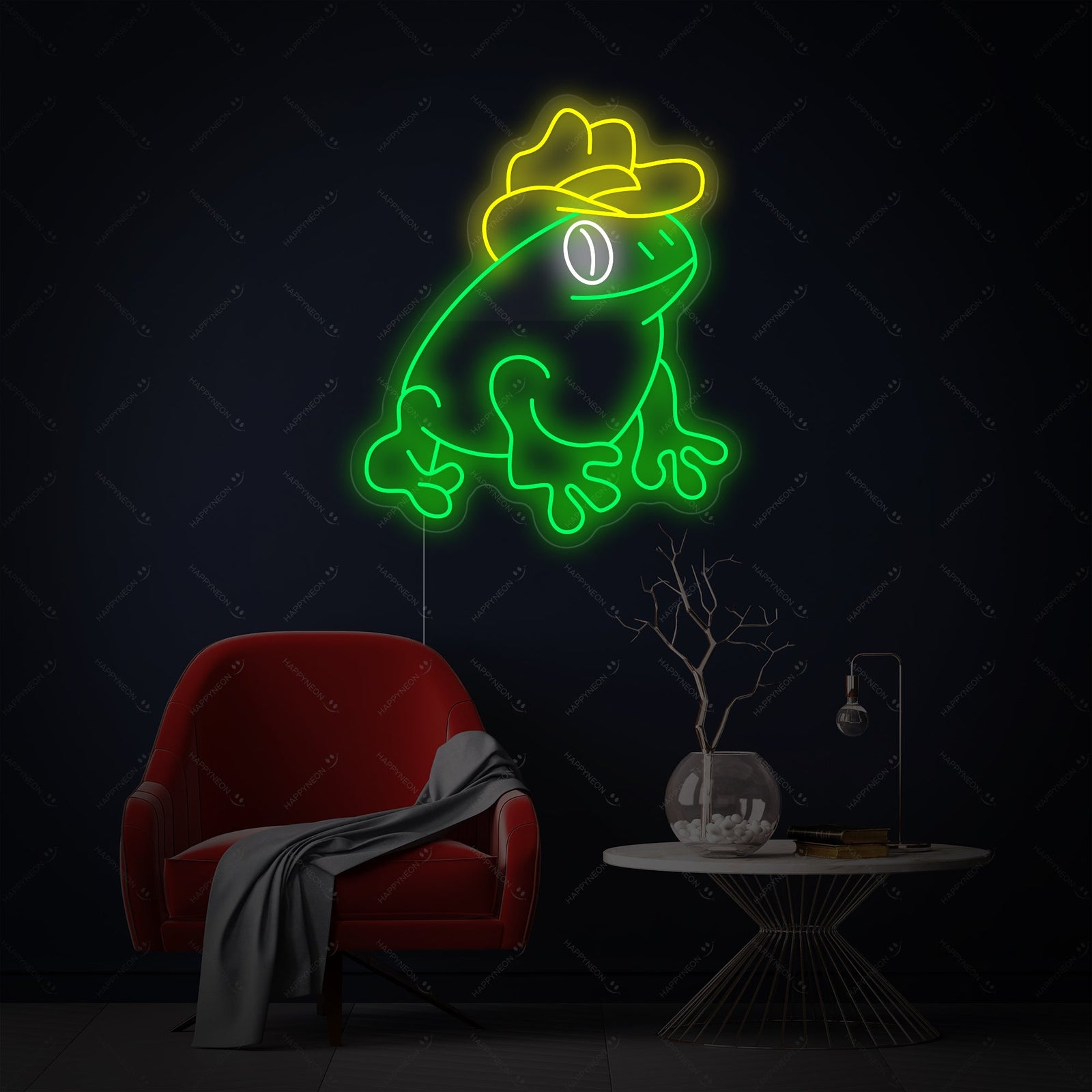 Flat graphic rendering of a neon sign design depicting a smiling frog wearing a cowboy hat.