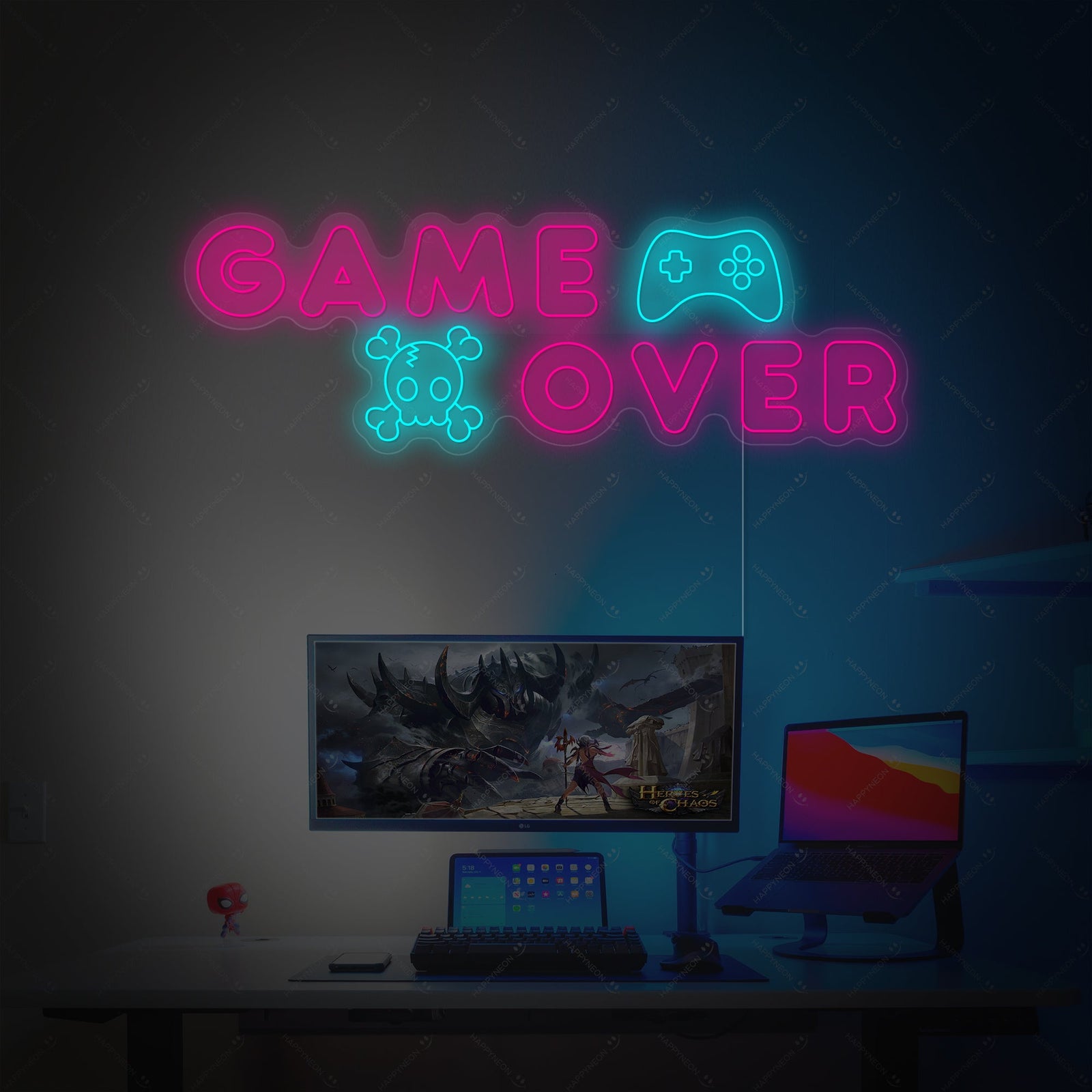 Closeup of the red pixelated letters forming Game Over neon sign lighting up.