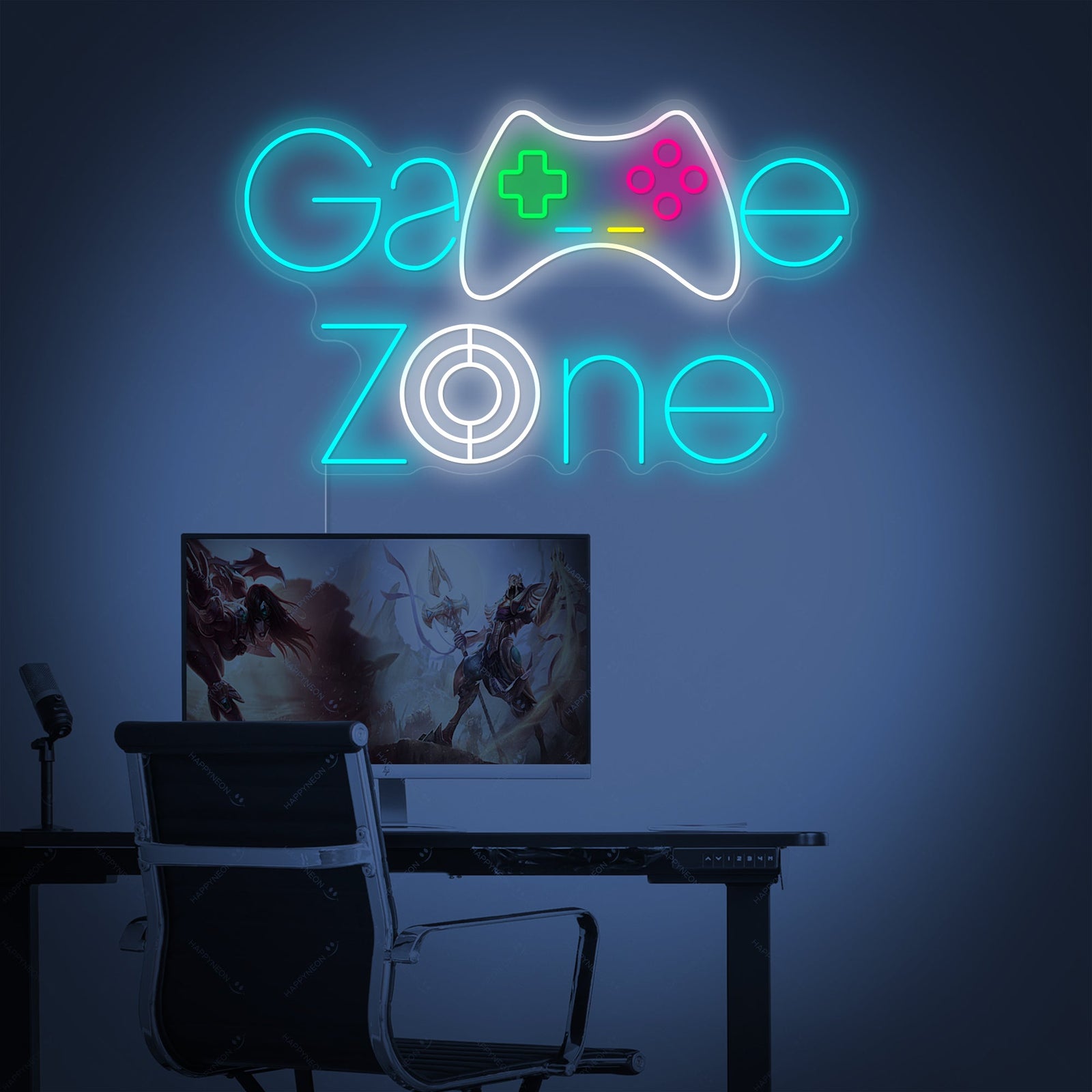 A lifestyle shot of a brightly lit blue and green Game Zone neon sign over a desk in a modern gaming setup with a chair and monitor.