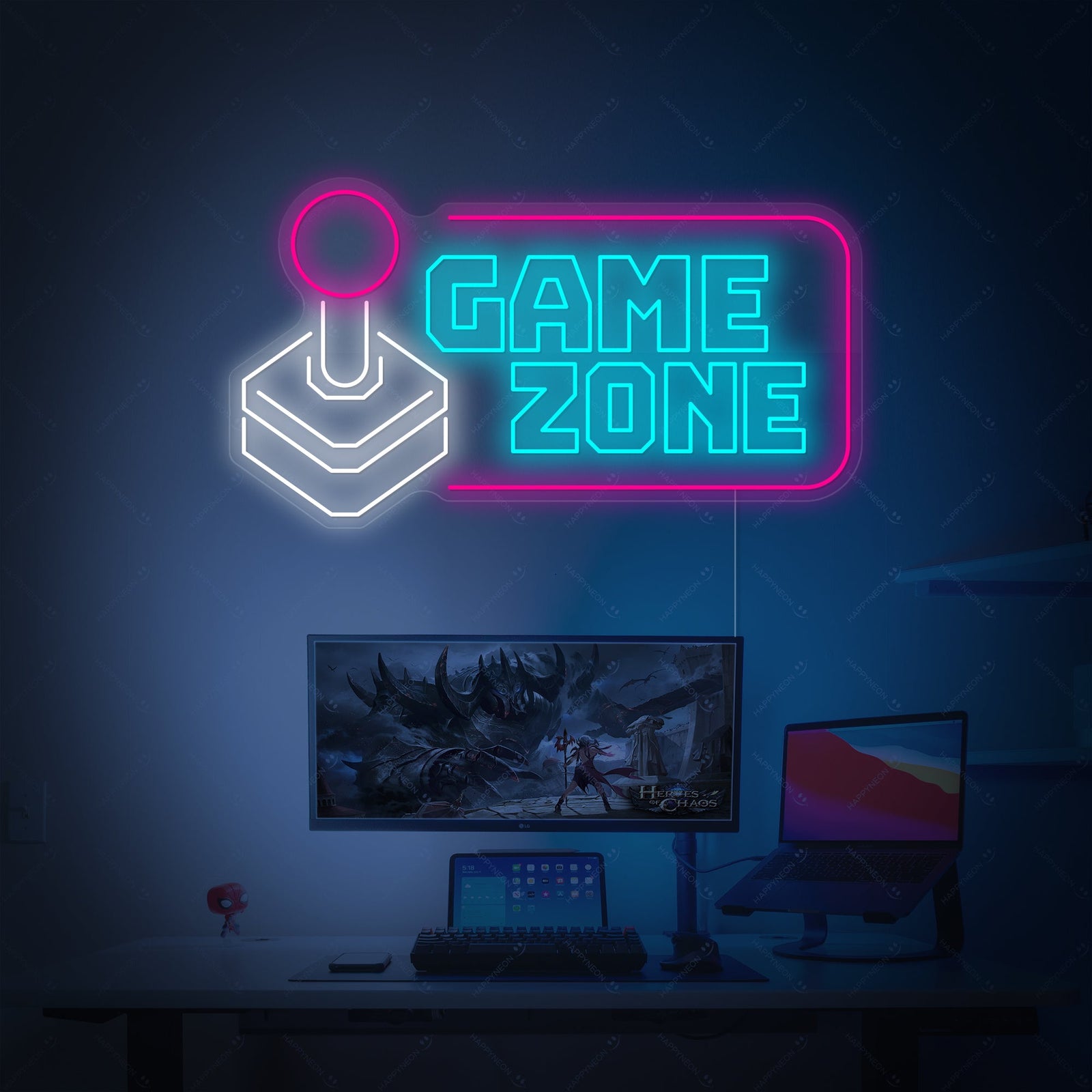 Close-up photograph of a 'Game Zone' neon sign illuminated in a naturally lit room environment, showing the detailed tubing and power wire.