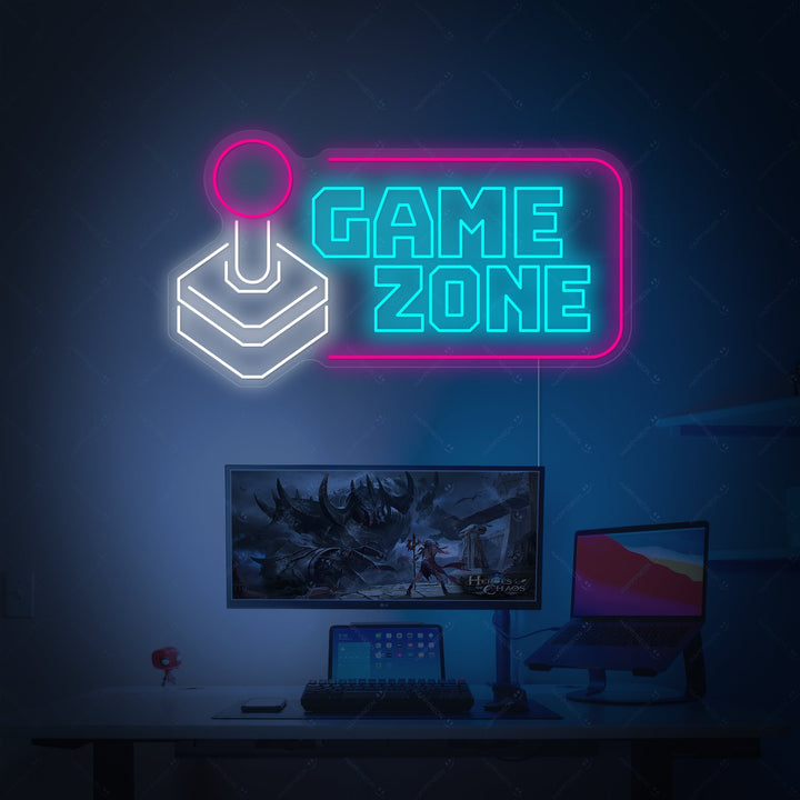 Close-up photograph of a 'Game Zone' neon sign illuminated in a naturally lit room environment, showing the detailed tubing and power wire.