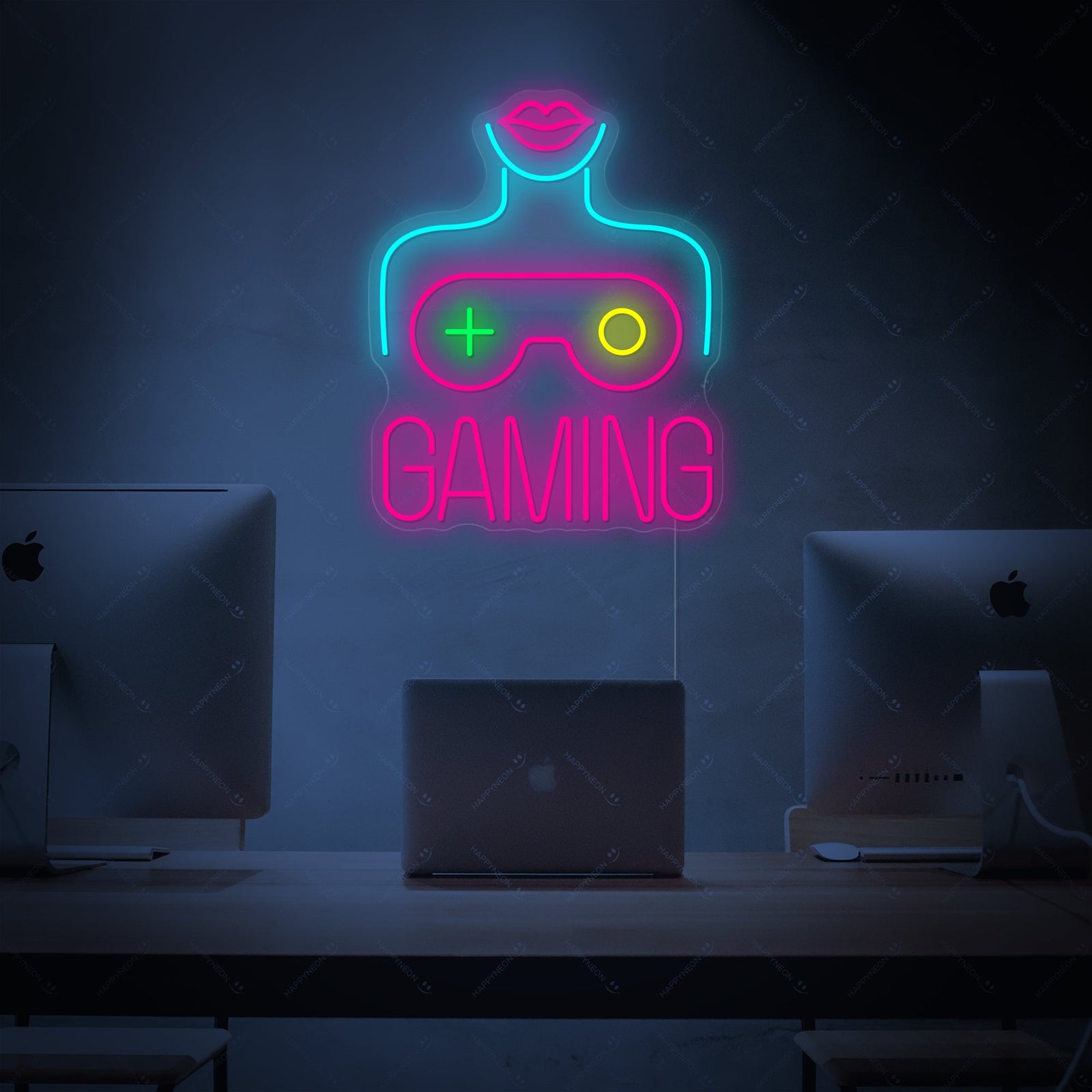 Close-up detail of the 'Gaming' neon sign text, showing the tubing and acrylic backing.