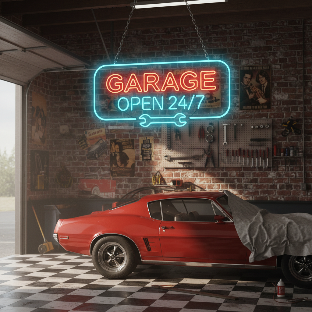 Classic neon sign reading ‚ÄúGarage Open 24/7‚Äù with red and blue neon, including wrench design, perfect for workshops and car garages.