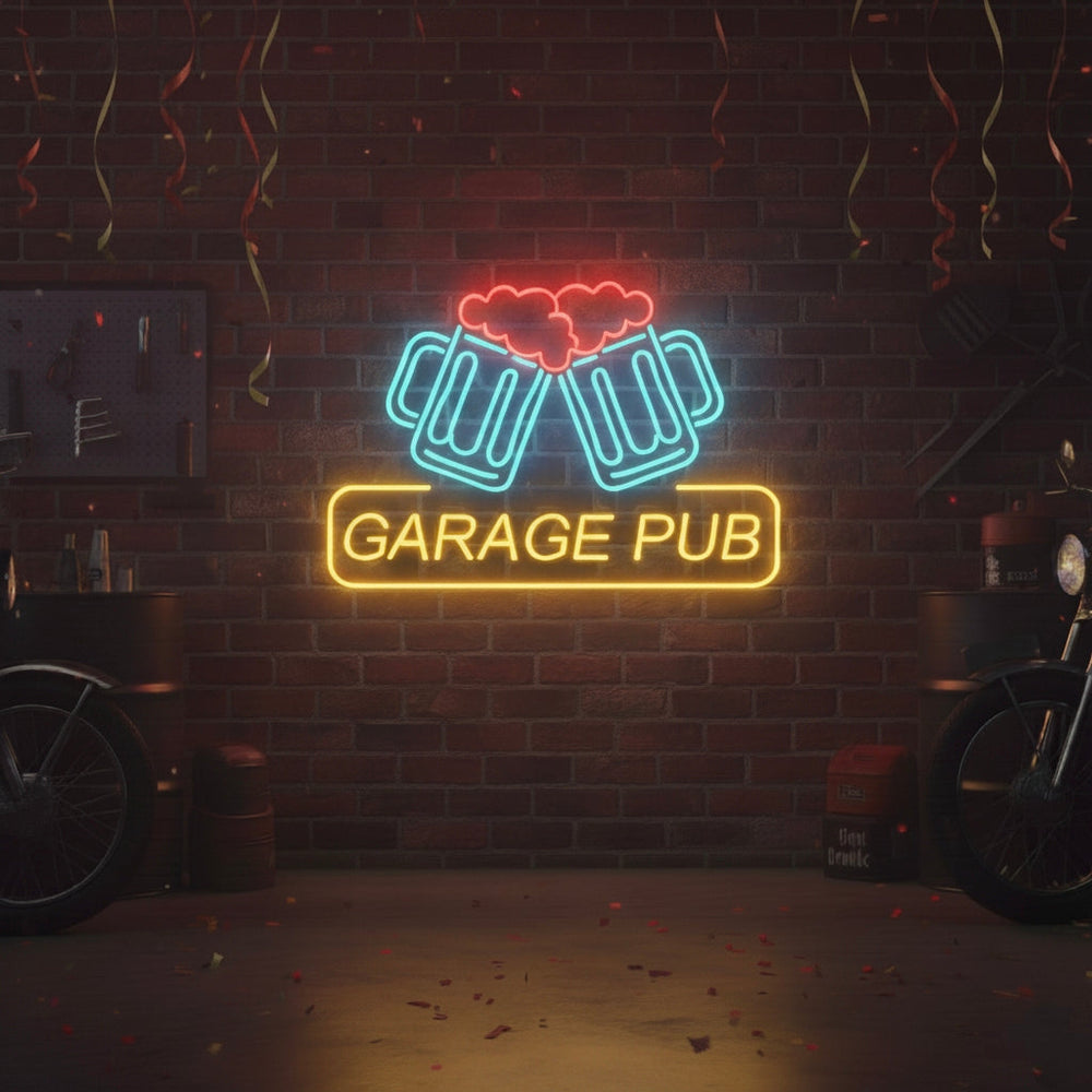 Detailed studio view of the 'Garage Pub' neon sign, showcasing the clear lettering and dual beer mugs design when illuminated.