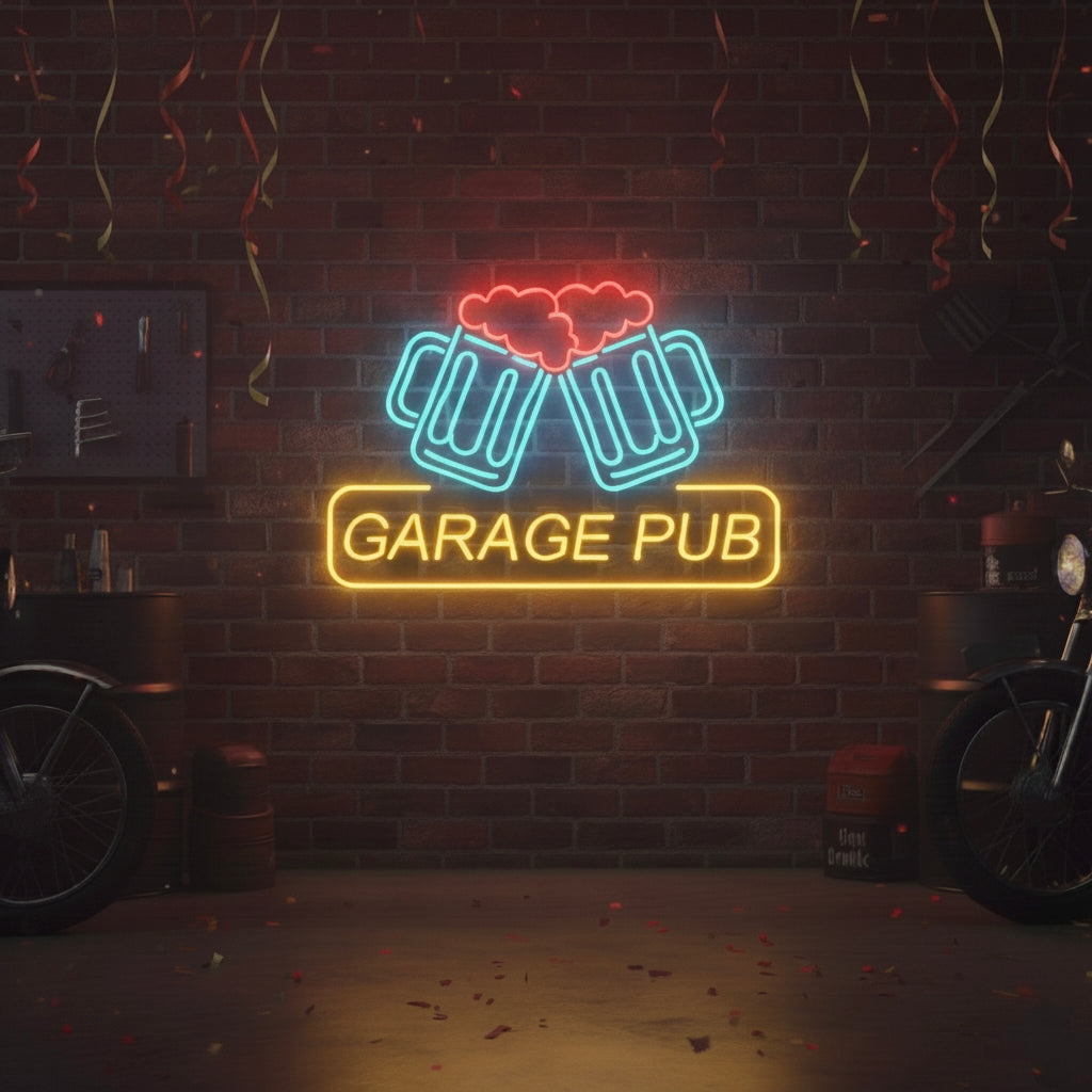 A glowing 'Garage Pub' neon sign with clinking beer mugs mounted on a textured wall in a vintage-style garage workshop setting.