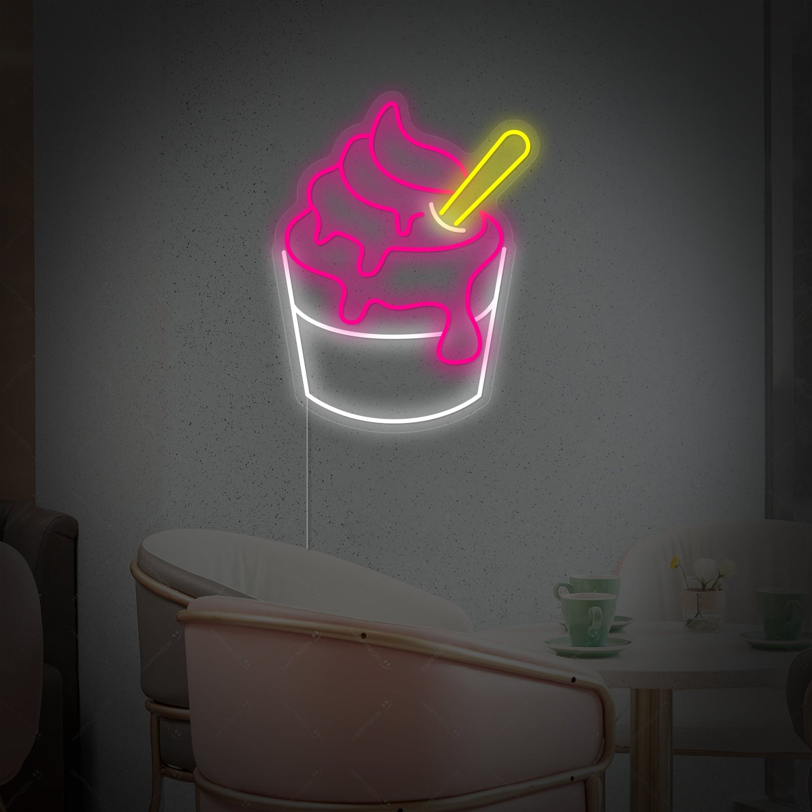 Close-up view of the illuminated 'Gelato' neon sign, showing the detailed tubing, clear acrylic backing, and the power cord attachment.