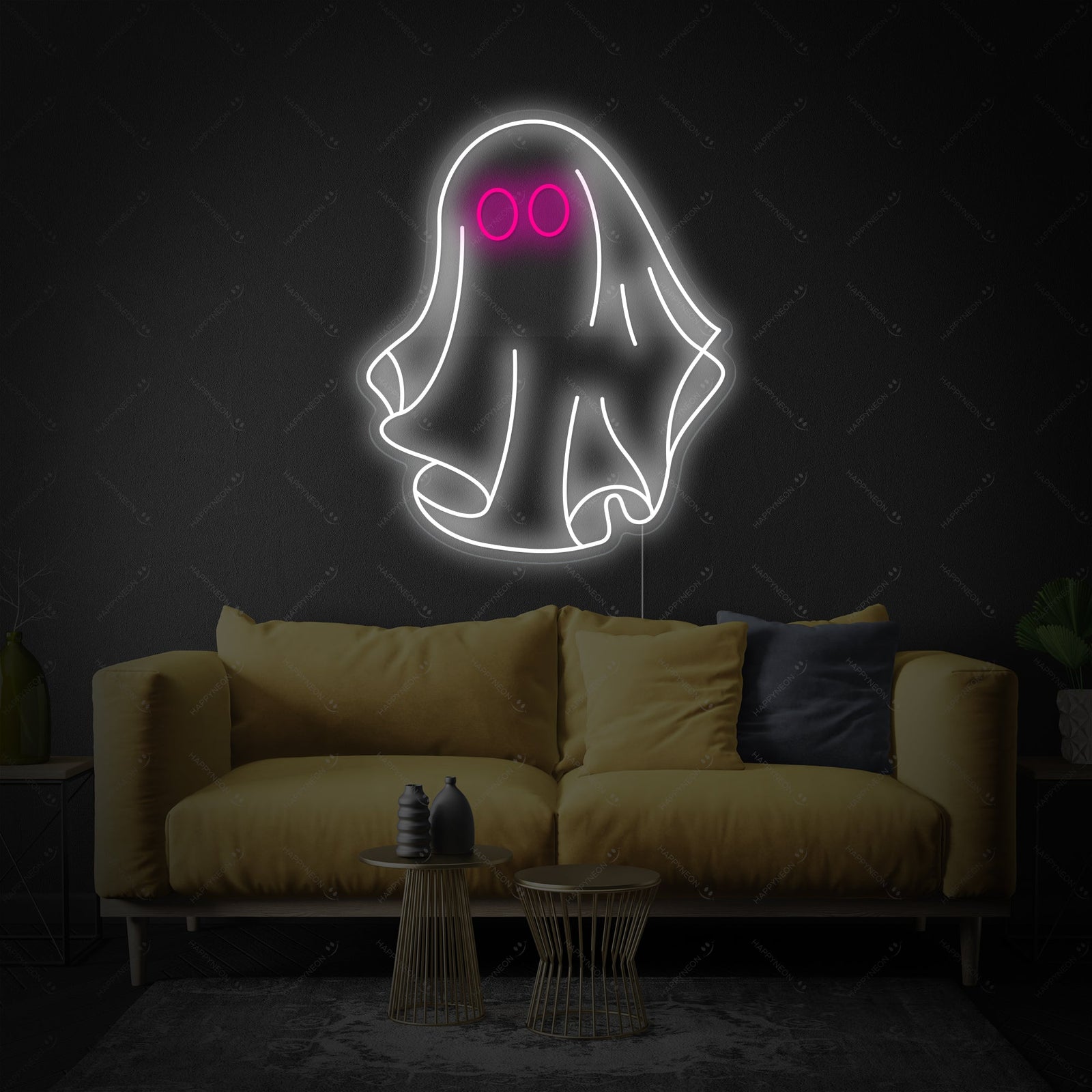 A close-up view of the detailed Ghost neon sign design.