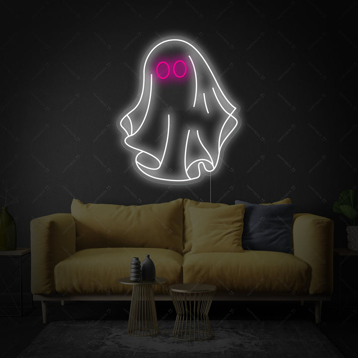 A close-up view of the detailed Ghost neon sign design.